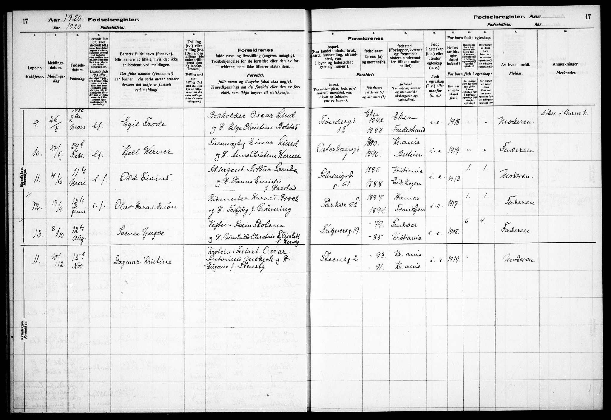 Garnisonsmenigheten Kirkebøker, AV/SAO-A-10846/J/Ja/L0001: Fødselsregister nr. 1, 1916-1938, s. 17