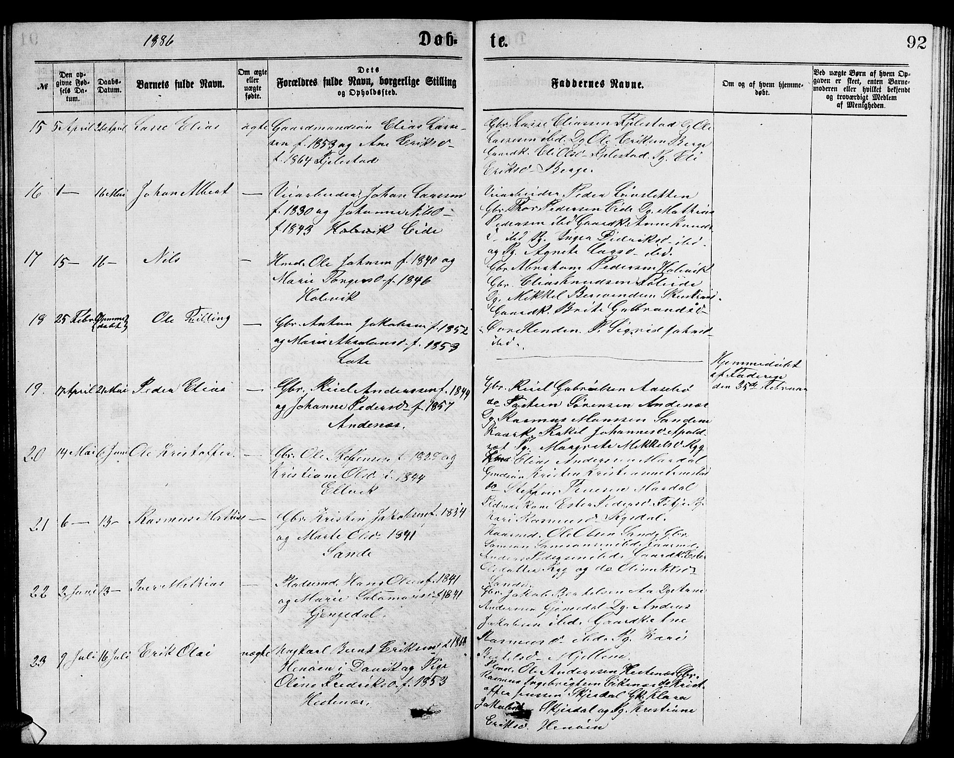 Gloppen sokneprestembete, AV/SAB-A-80101/H/Hab/Habb/L0001: Klokkerbok nr. B 1, 1872-1888, s. 92
