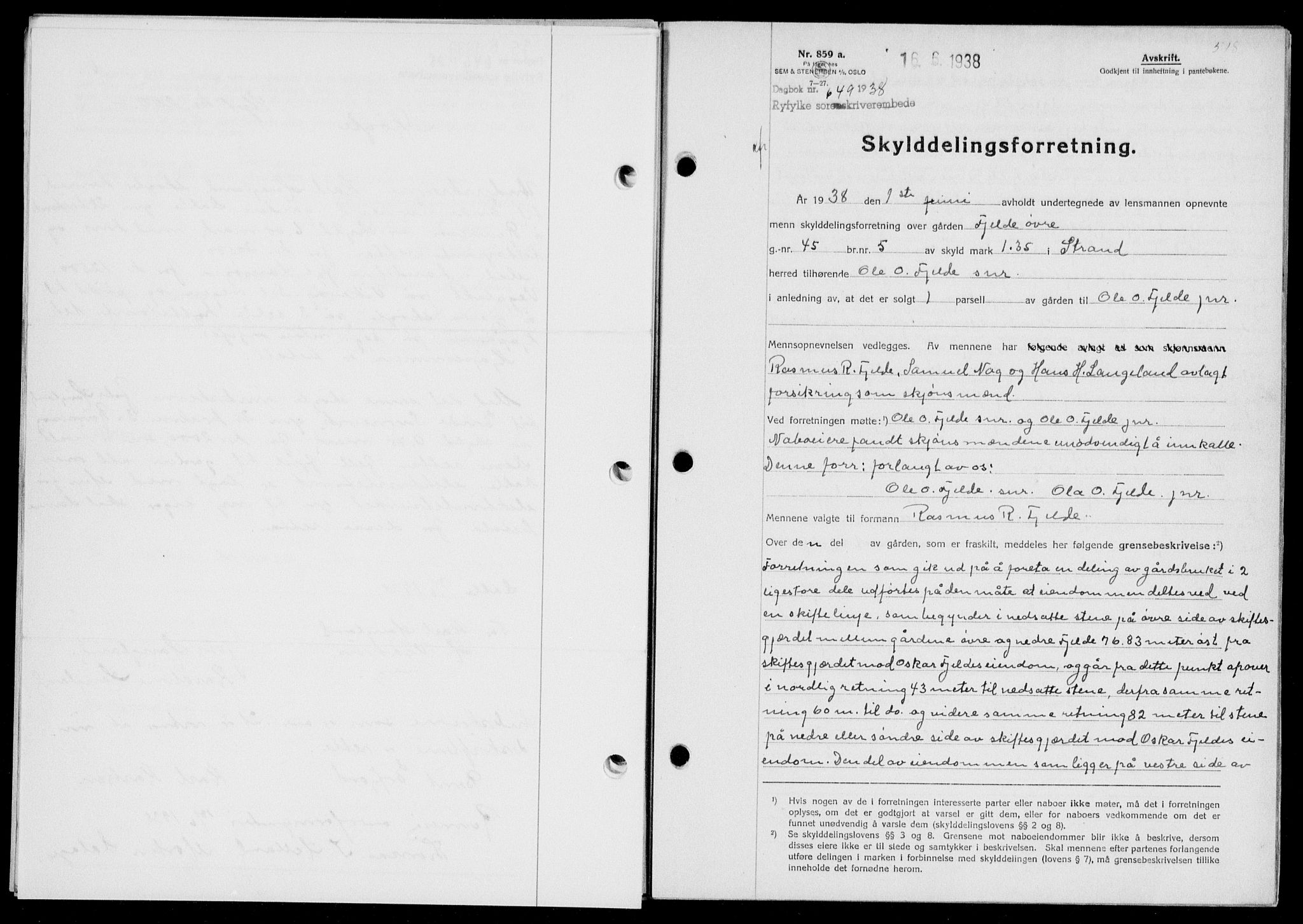 Ryfylke tingrett, SAST/A-100055/001/II/IIB/L0077: Pantebok nr. 56, 1938-1938, Dagboknr: 649/1938