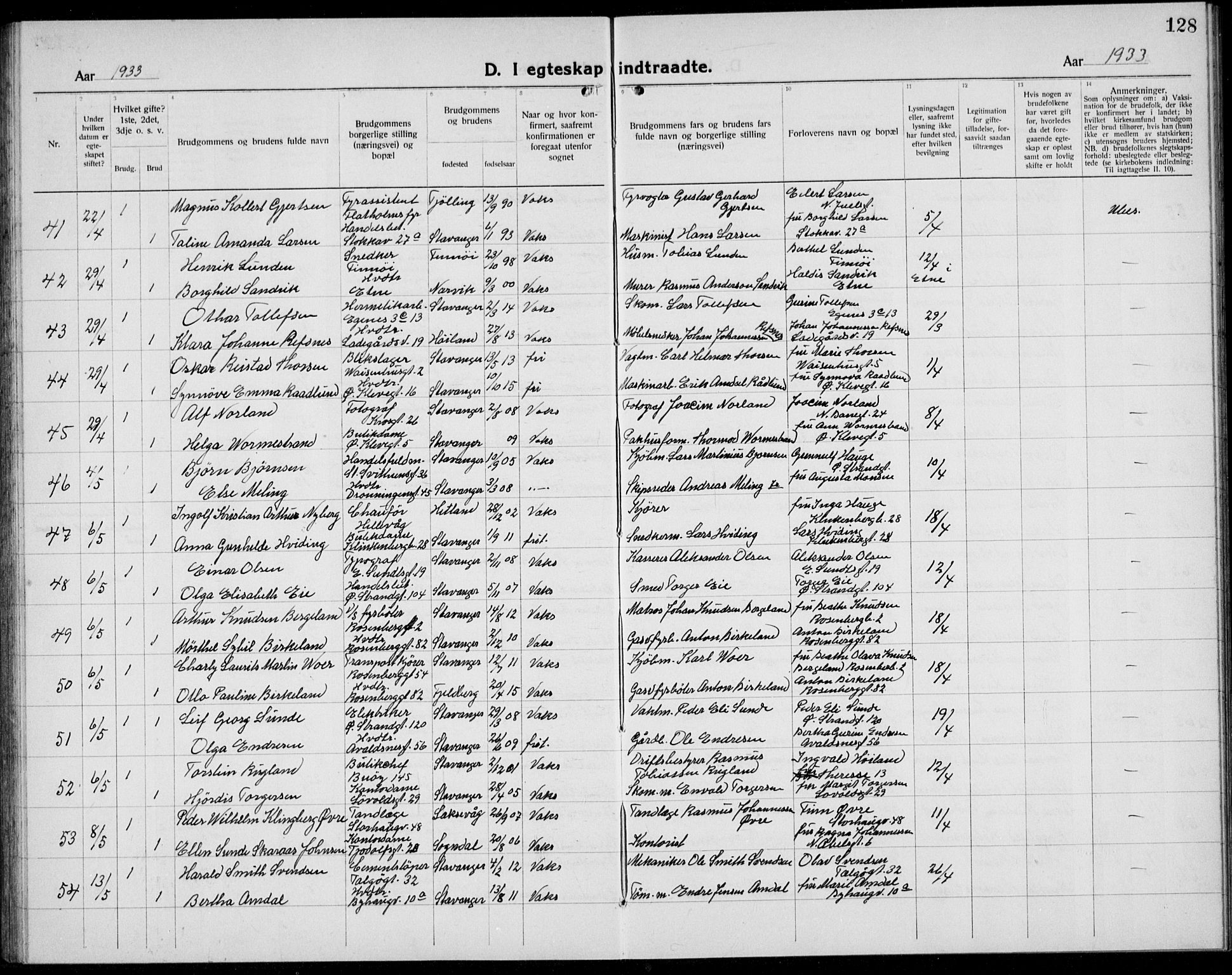 Domkirken sokneprestkontor, AV/SAST-A-101812/001/30/30BB/L0020: Klokkerbok nr. B 20, 1921-1937, s. 128