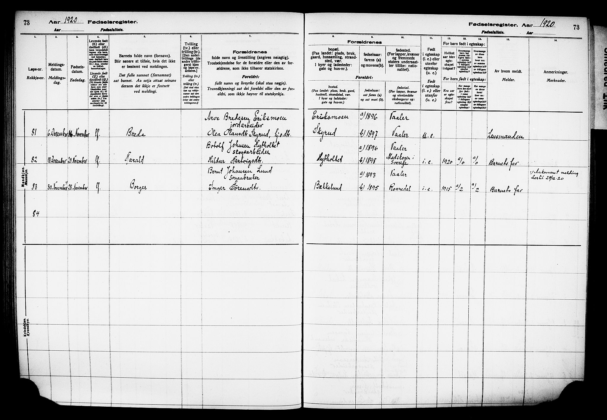 Våler prestekontor, Hedmark, AV/SAH-PREST-040/I/Id/L0001: Fødselsregister nr. 1, 1916-1930, s. 73