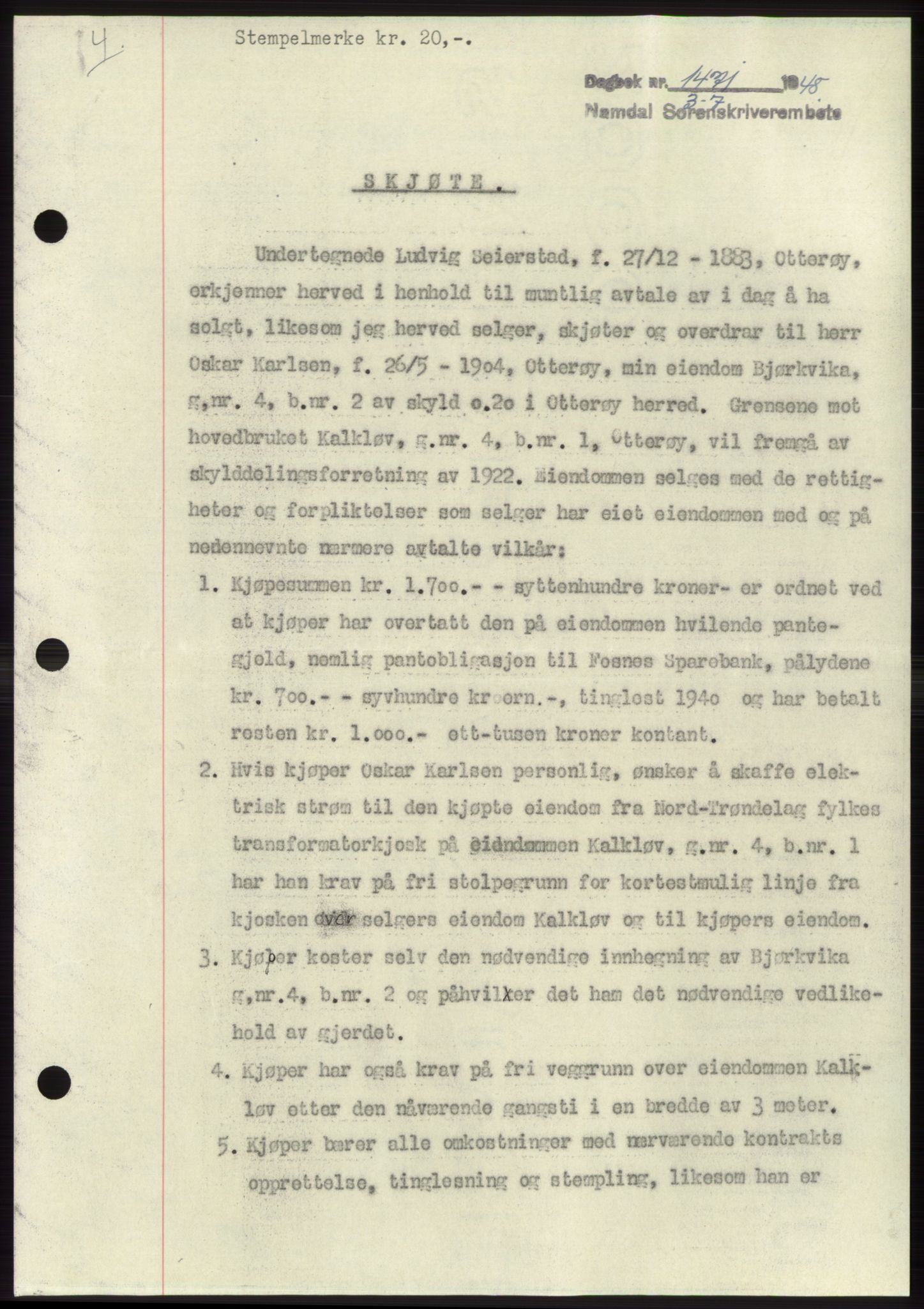 Namdal sorenskriveri, SAT/A-4133/1/2/2C: Pantebok nr. -, 1948-1948, Dagboknr: 1471/1948