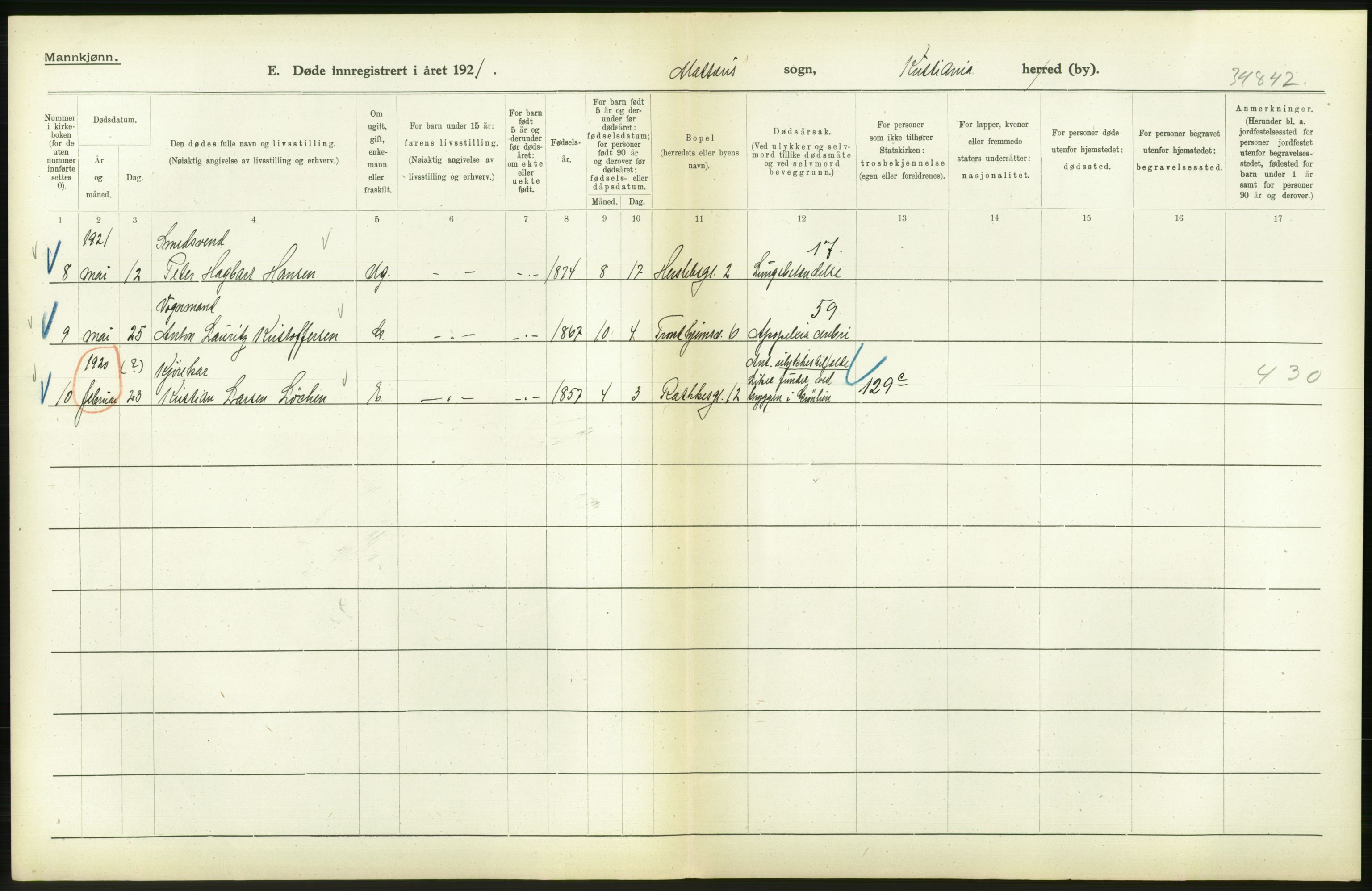 Statistisk sentralbyrå, Sosiodemografiske emner, Befolkning, AV/RA-S-2228/D/Df/Dfc/Dfca/L0013: Kristiania: Døde, dødfødte, 1921, s. 518