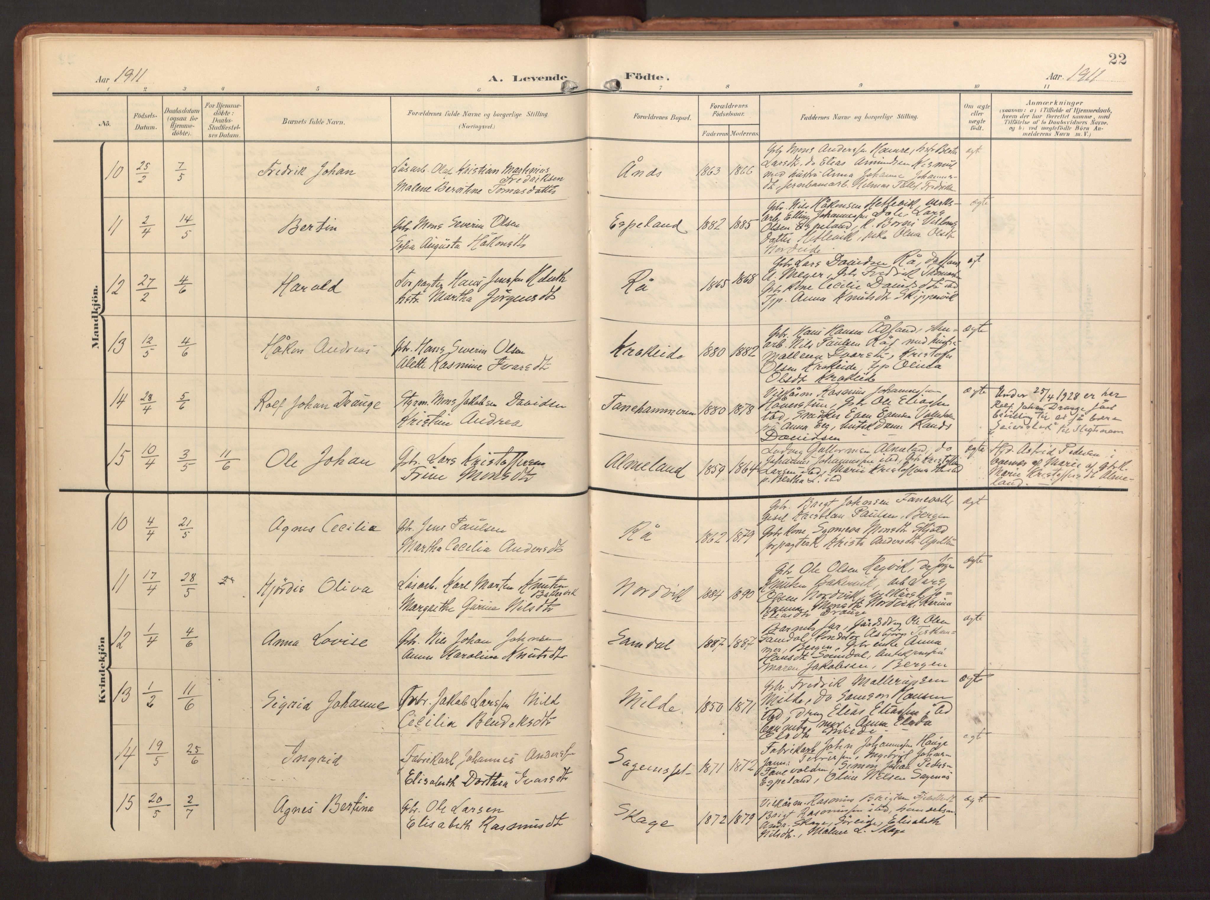 Fana Sokneprestembete, AV/SAB-A-75101/H/Haa/Haab/L0004: Ministerialbok nr. B 4, 1908-1915, s. 22