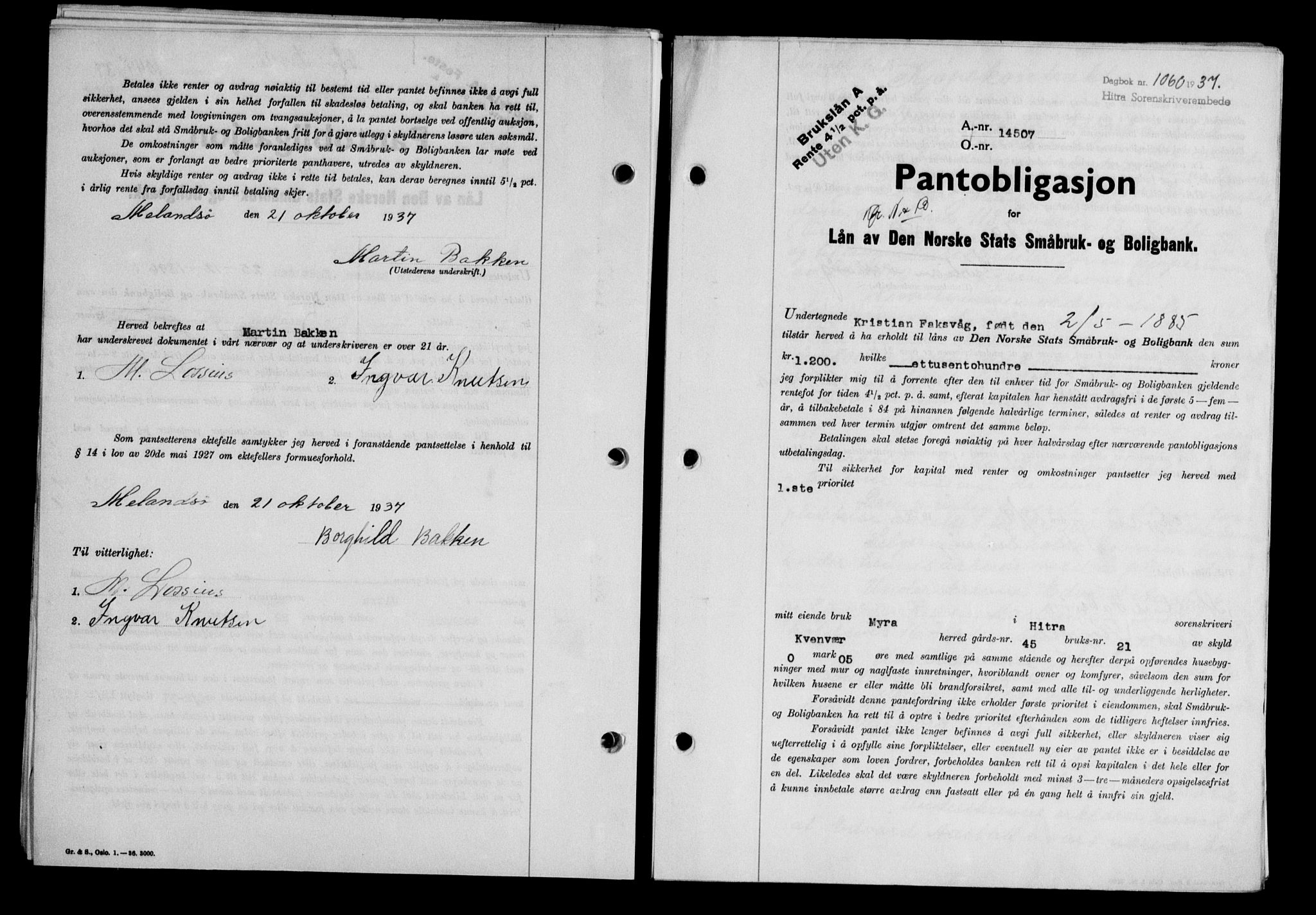 Hitra sorenskriveri, AV/SAT-A-0018/2/2C/2Ca/L0028: Pantebok nr. B-1, 1936-1939, Dagboknr: 1060/1937