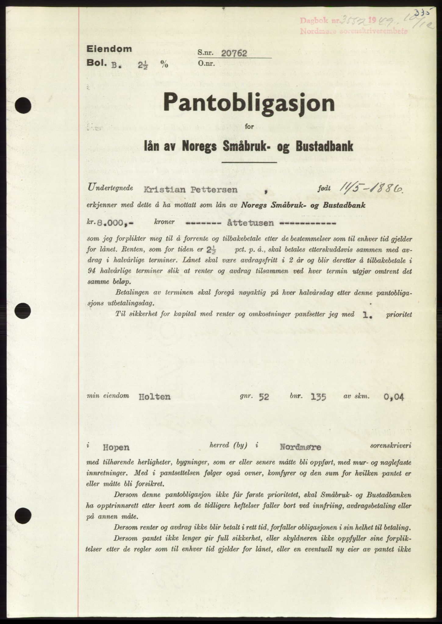 Nordmøre sorenskriveri, SAT/A-4132/1/2/2Ca: Pantebok nr. B103, 1949-1950, Dagboknr: 3552/1949