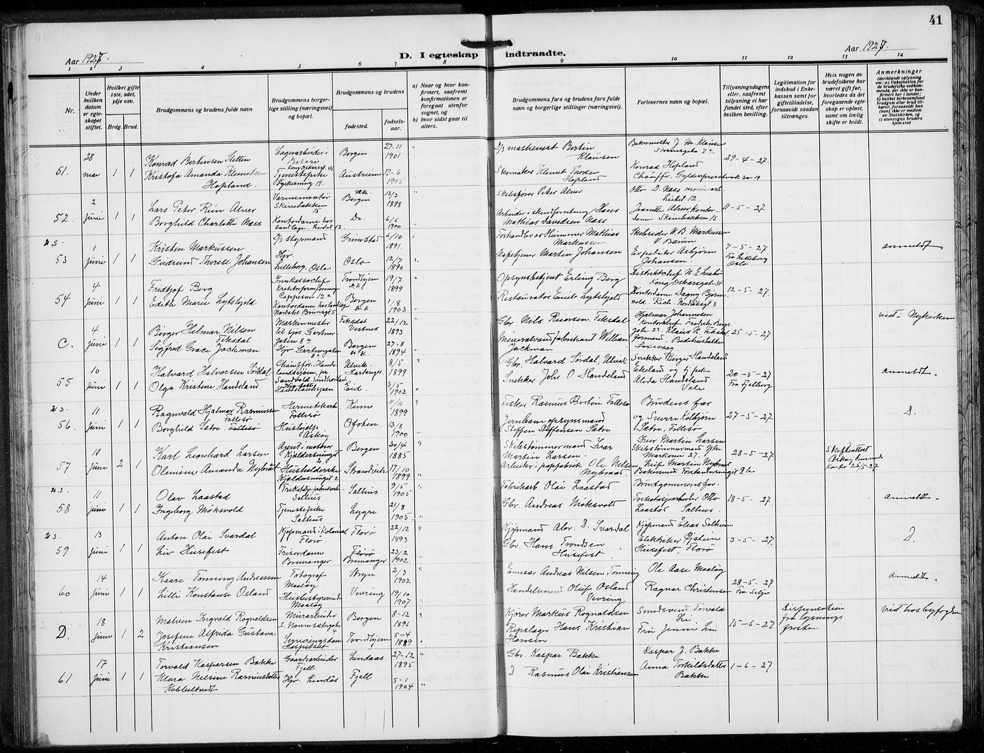 Domkirken sokneprestembete, AV/SAB-A-74801/H/Hab/L0034: Klokkerbok nr. D 6, 1924-1941, s. 41