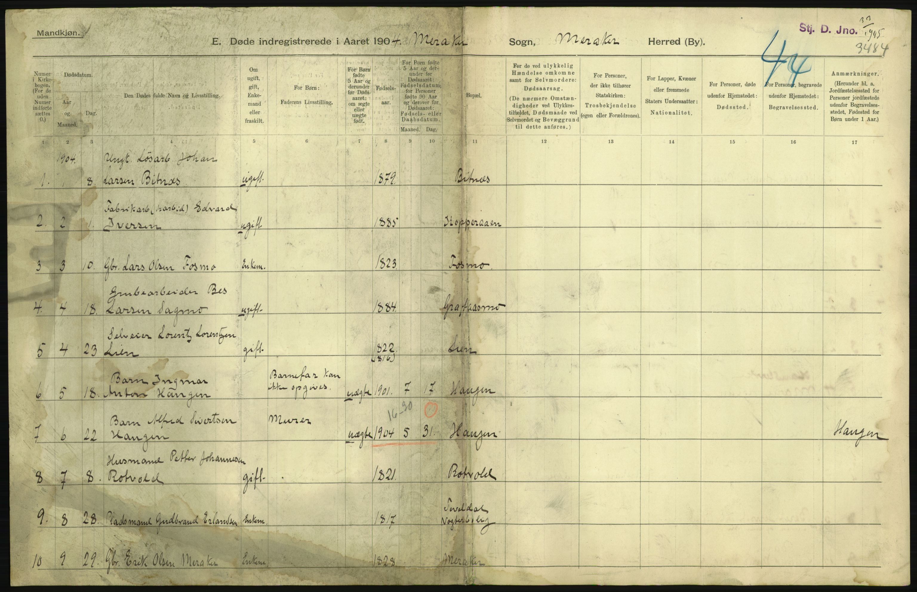 Statistisk sentralbyrå, Sosiodemografiske emner, Befolkning, AV/RA-S-2228/D/Df/Dfa/Dfab/L0019: Nordre Trondhjems amt: Fødte, gifte, døde, 1904, s. 435