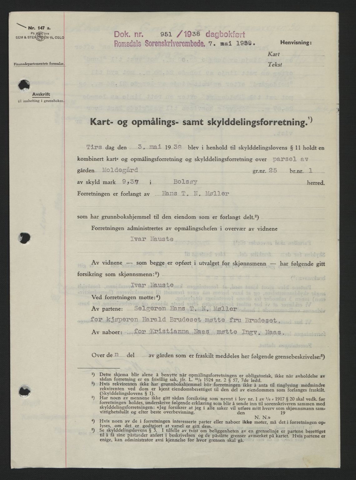 Romsdal sorenskriveri, SAT/A-4149/1/2/2C: Pantebok nr. A5, 1938-1938, Dagboknr: 951/1938