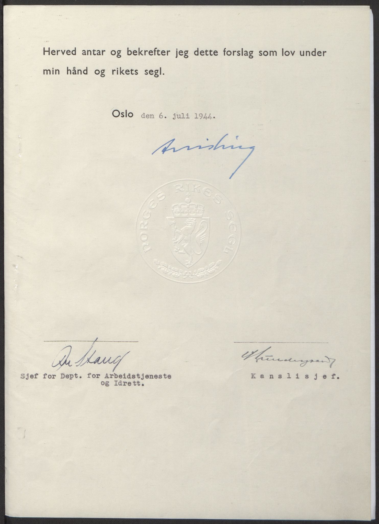 NS-administrasjonen 1940-1945 (Statsrådsekretariatet, de kommisariske statsråder mm), RA/S-4279/D/Db/L0100: Lover, 1944, s. 335