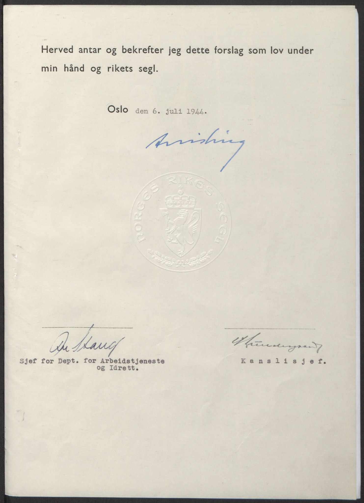 NS-administrasjonen 1940-1945 (Statsrådsekretariatet, de kommisariske statsråder mm), AV/RA-S-4279/D/Db/L0100: Lover, 1944, s. 335