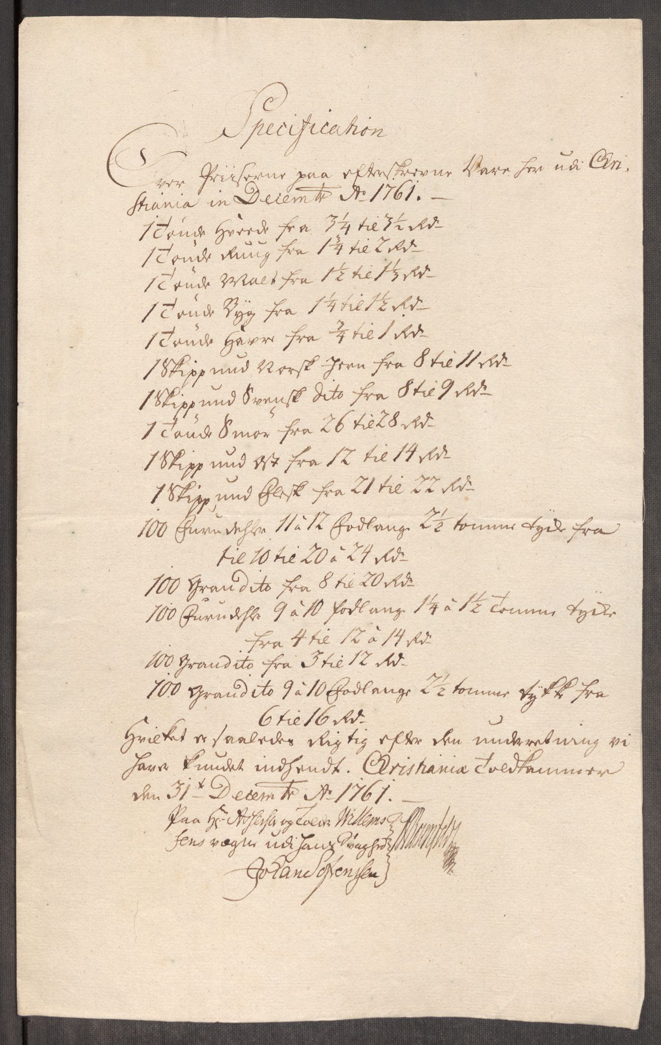 Rentekammeret inntil 1814, Realistisk ordnet avdeling, AV/RA-EA-4070/Oe/L0007: [Ø1]: Priskuranter, 1761-1763, s. 112