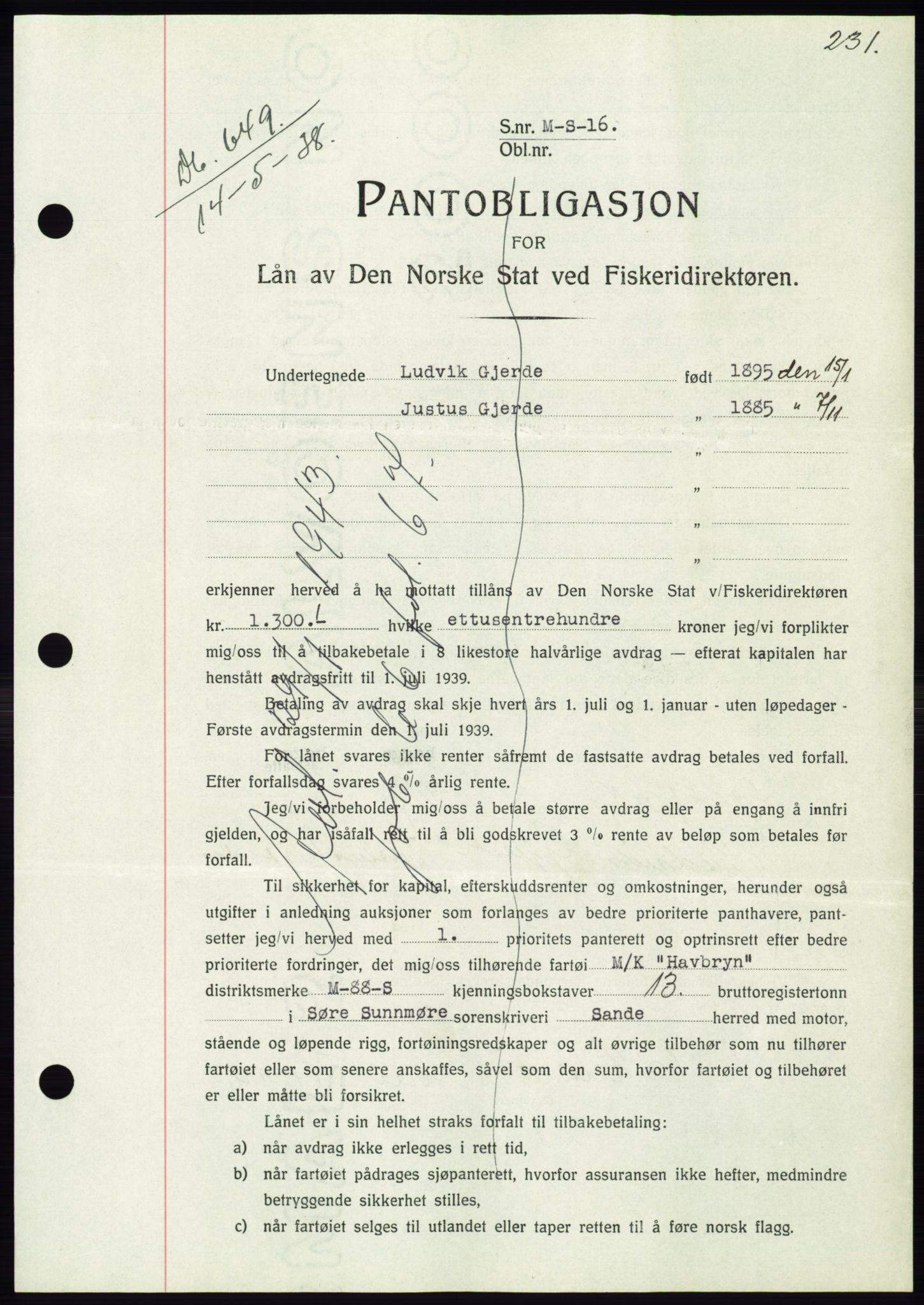 Søre Sunnmøre sorenskriveri, AV/SAT-A-4122/1/2/2C/L0065: Pantebok nr. 59, 1938-1938, Dagboknr: 649/1938