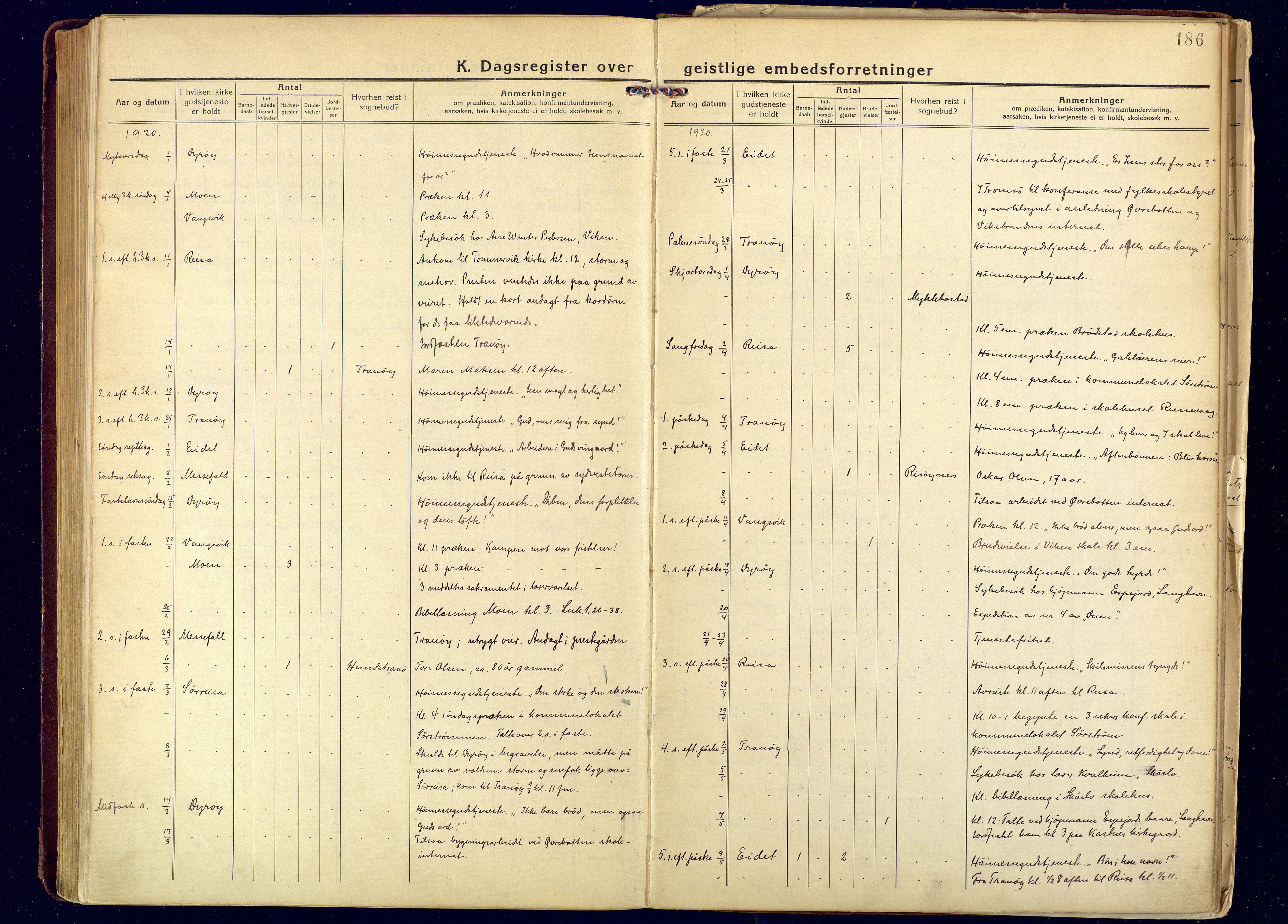 Tranøy sokneprestkontor, AV/SATØ-S-1313/I/Ia/Iaa/L0016kirke: Ministerialbok nr. 16, 1919-1932, s. 186