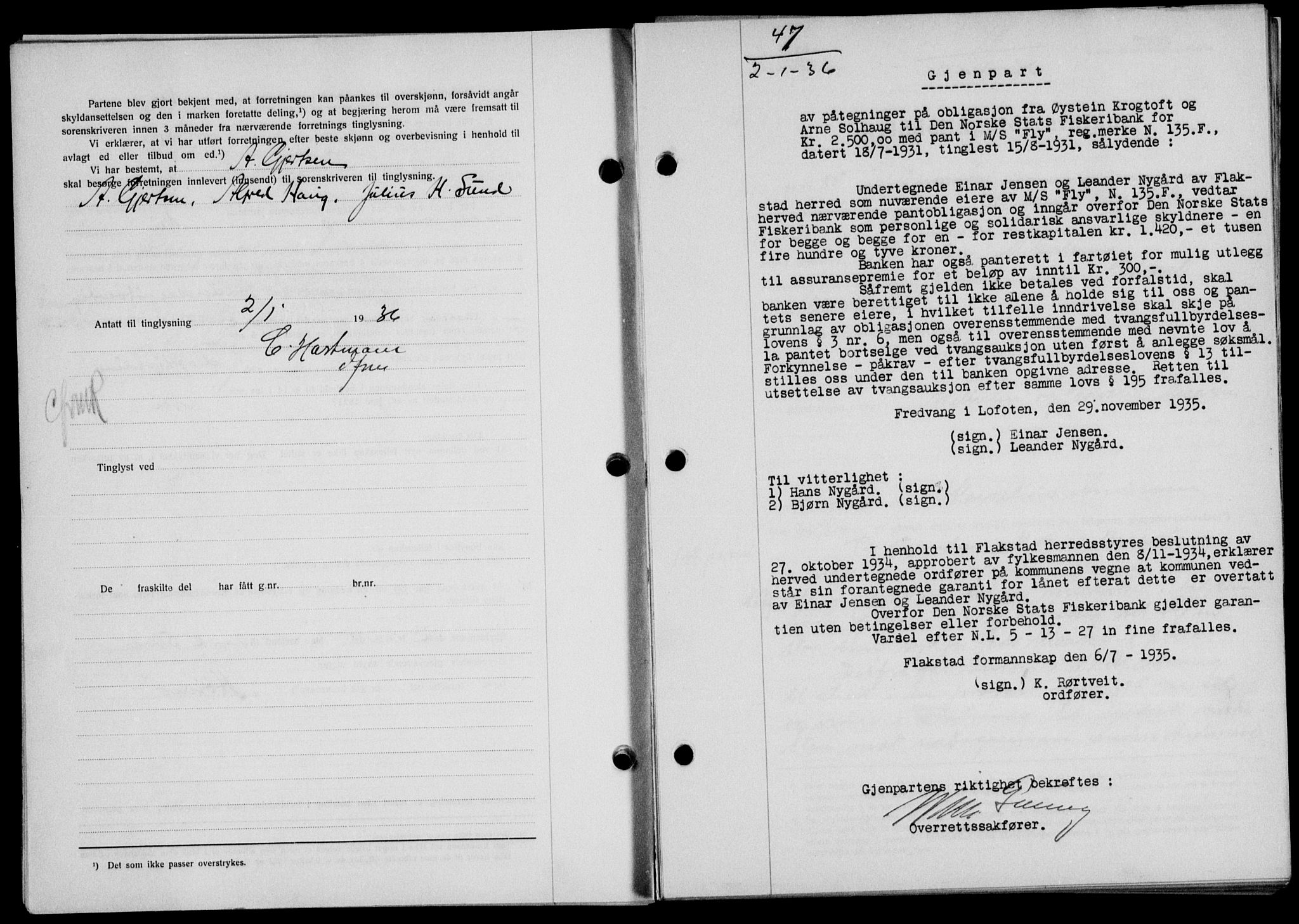 Lofoten sorenskriveri, SAT/A-0017/1/2/2C/L0033b: Pantebok nr. 33b, 1936-1936, Dagboknr: 47/1936