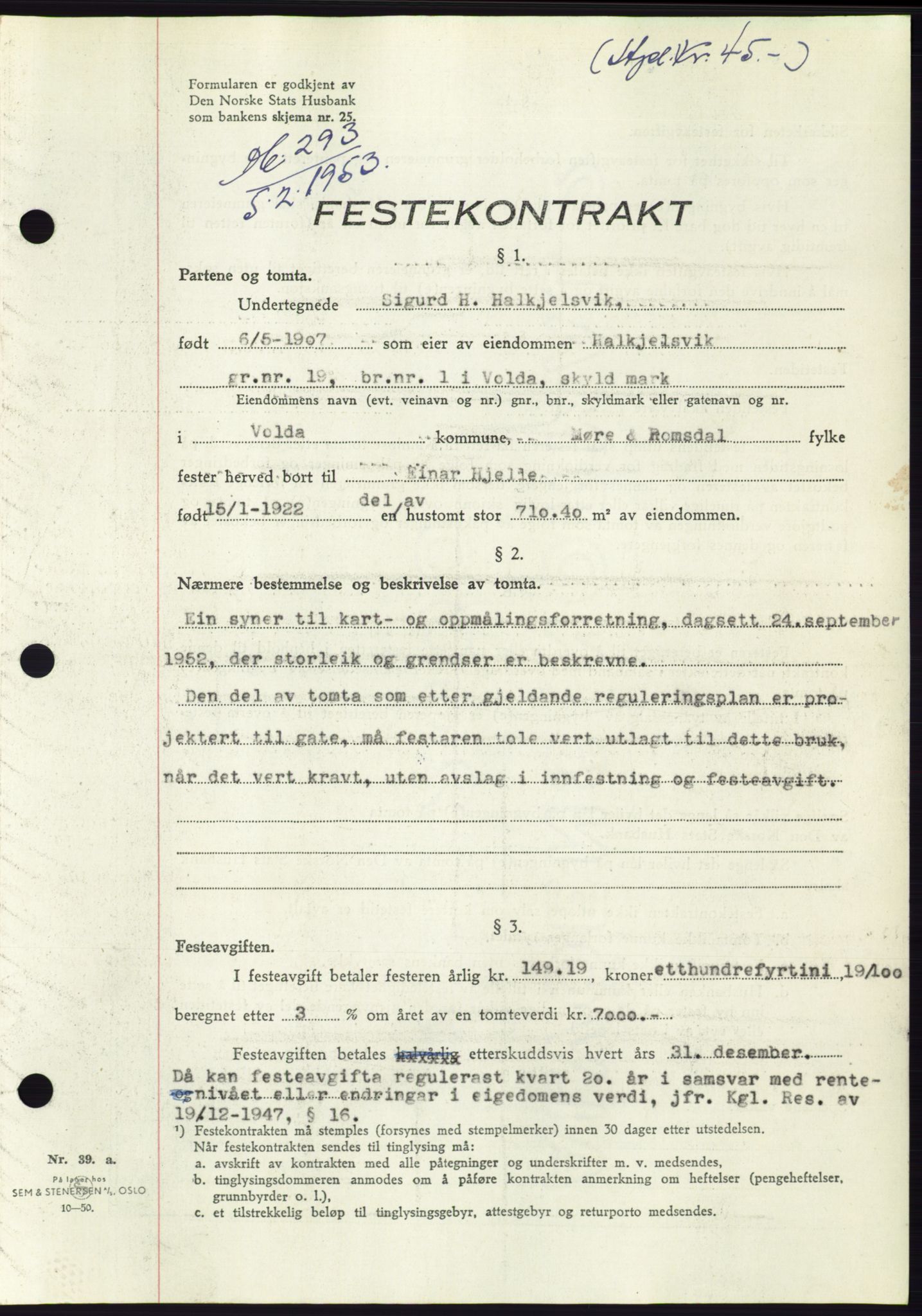 Søre Sunnmøre sorenskriveri, SAT/A-4122/1/2/2C/L0094: Pantebok nr. 20A, 1953-1953, Dagboknr: 293/1953