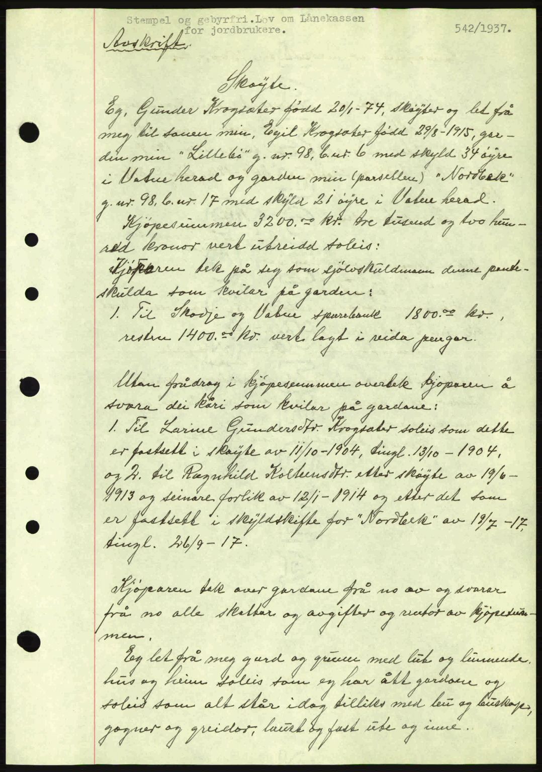 Nordre Sunnmøre sorenskriveri, AV/SAT-A-0006/1/2/2C/2Ca: Pantebok nr. A2, 1936-1937, Dagboknr: 542/1937
