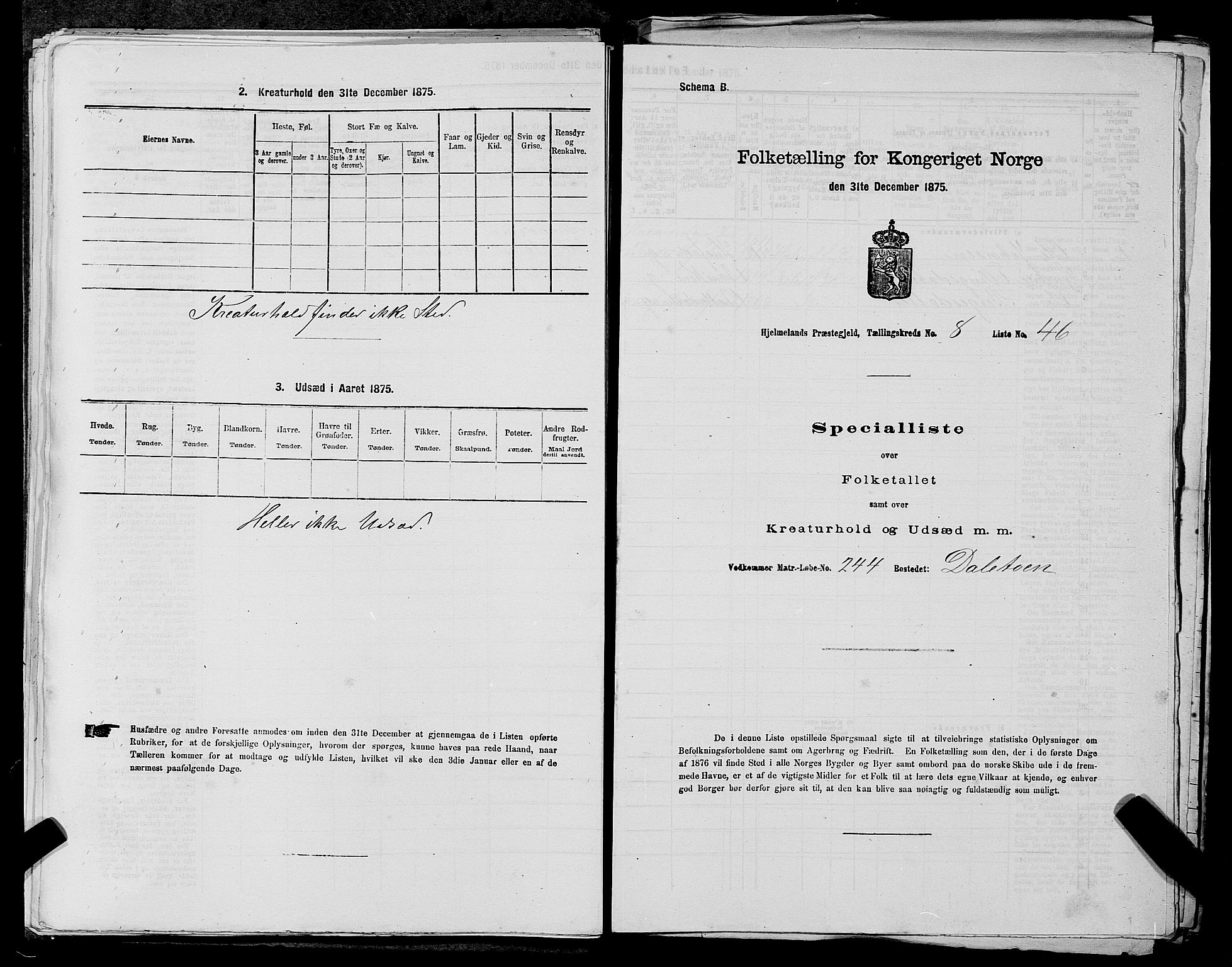 SAST, Folketelling 1875 for 1133P Hjelmeland prestegjeld, 1875, s. 1140