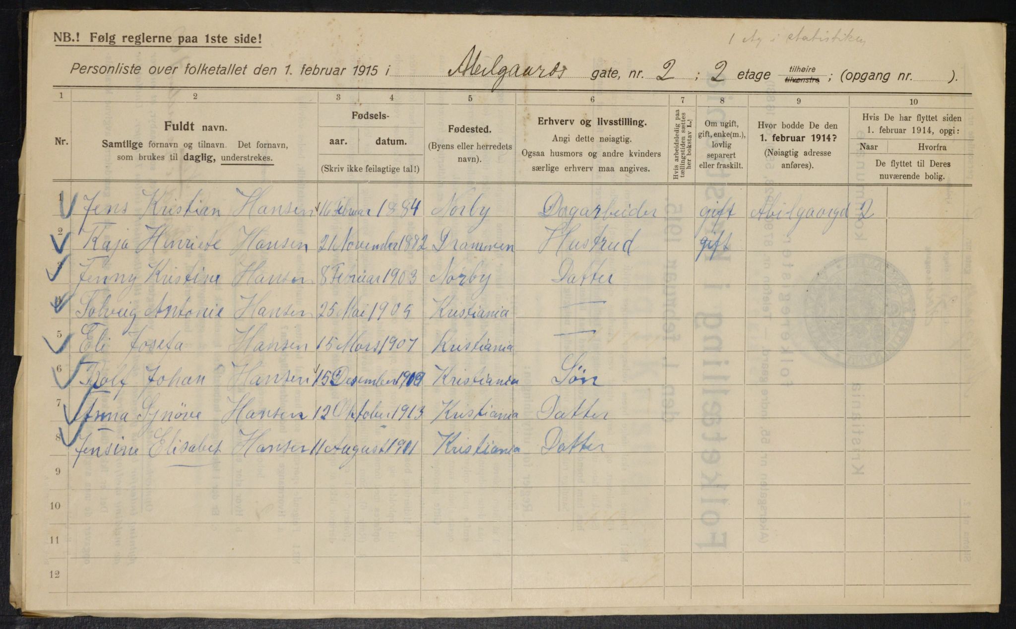 OBA, Kommunal folketelling 1.2.1915 for Kristiania, 1915, s. 12