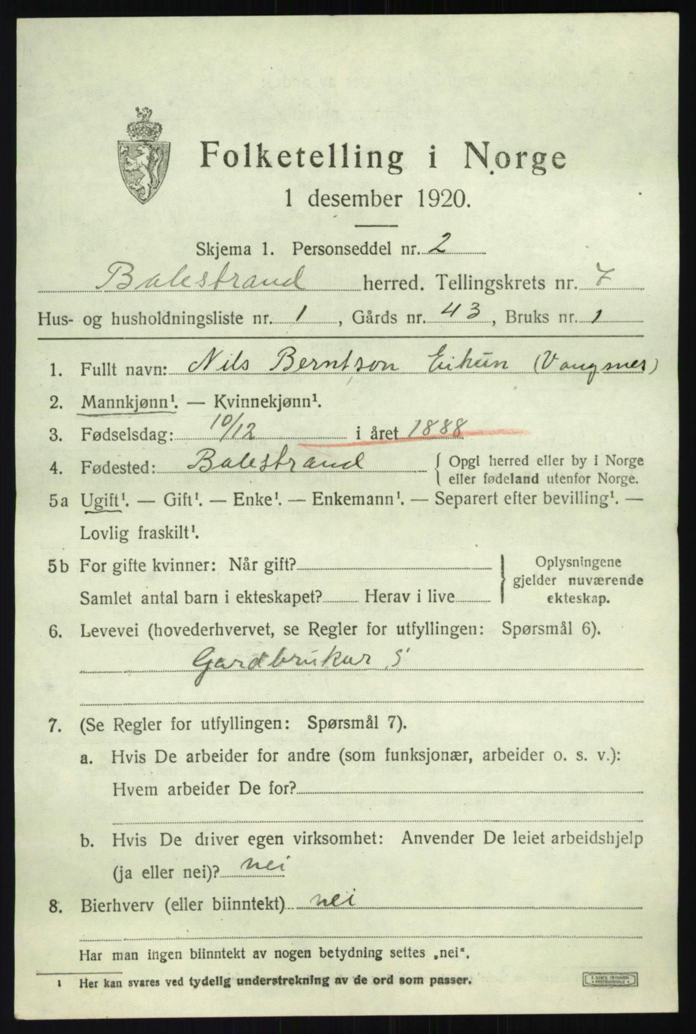 SAB, Folketelling 1920 for 1418 Balestrand herred, 1920, s. 3040