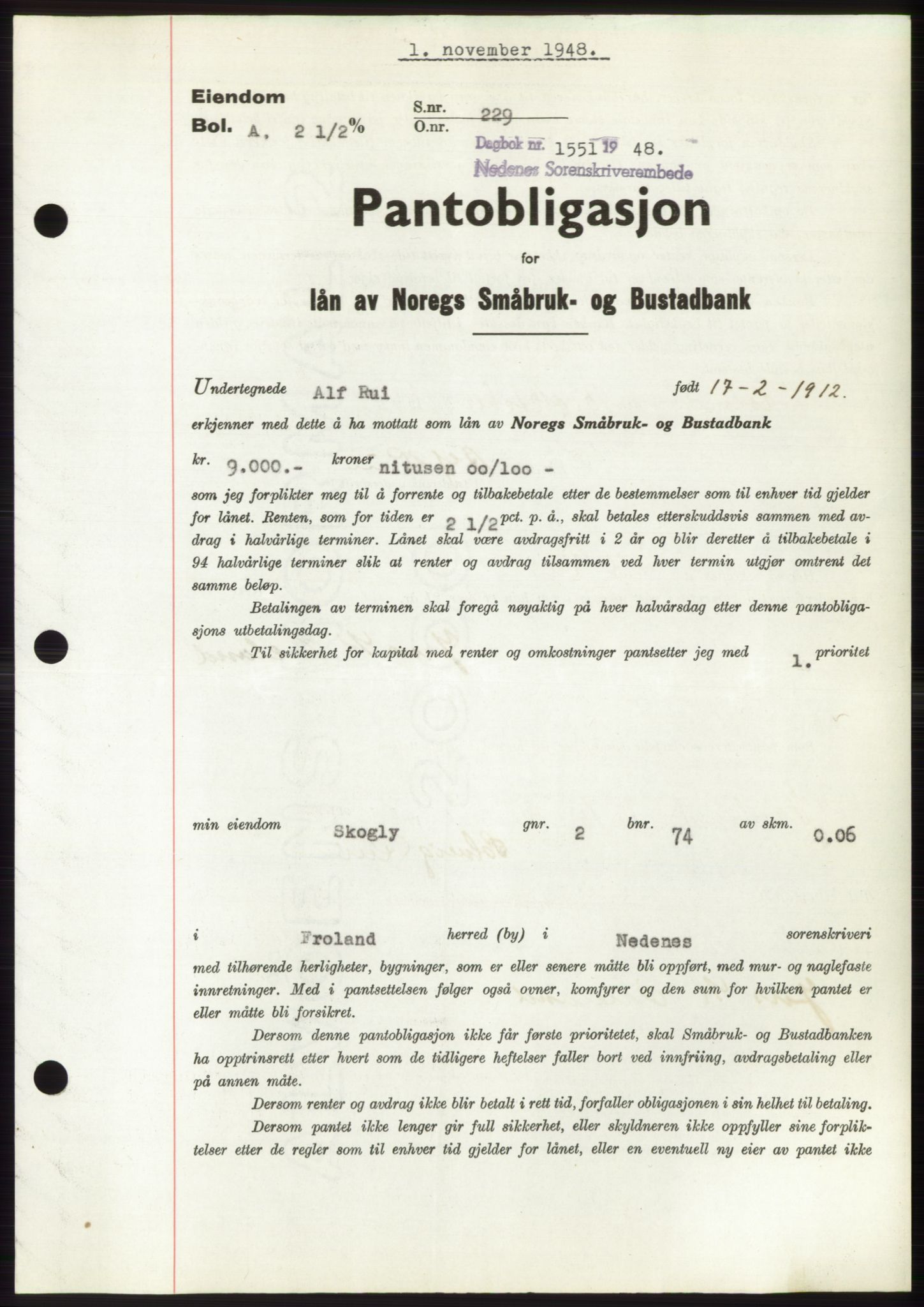 Nedenes sorenskriveri, AV/SAK-1221-0006/G/Gb/Gbb/L0005: Pantebok nr. B5, 1948-1948, Dagboknr: 1551/1948