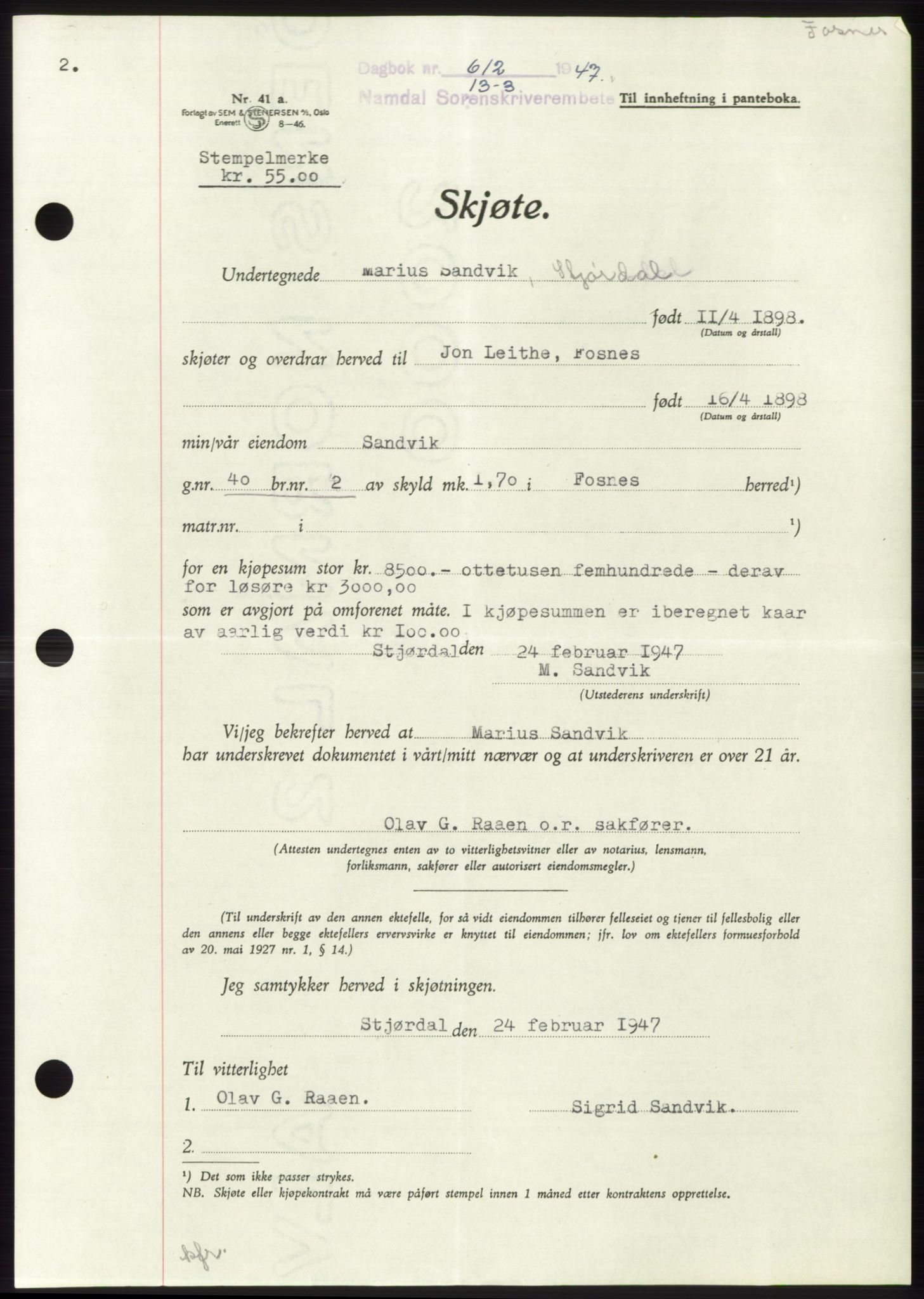 Namdal sorenskriveri, SAT/A-4133/1/2/2C: Pantebok nr. -, 1946-1947, Dagboknr: 612/1947