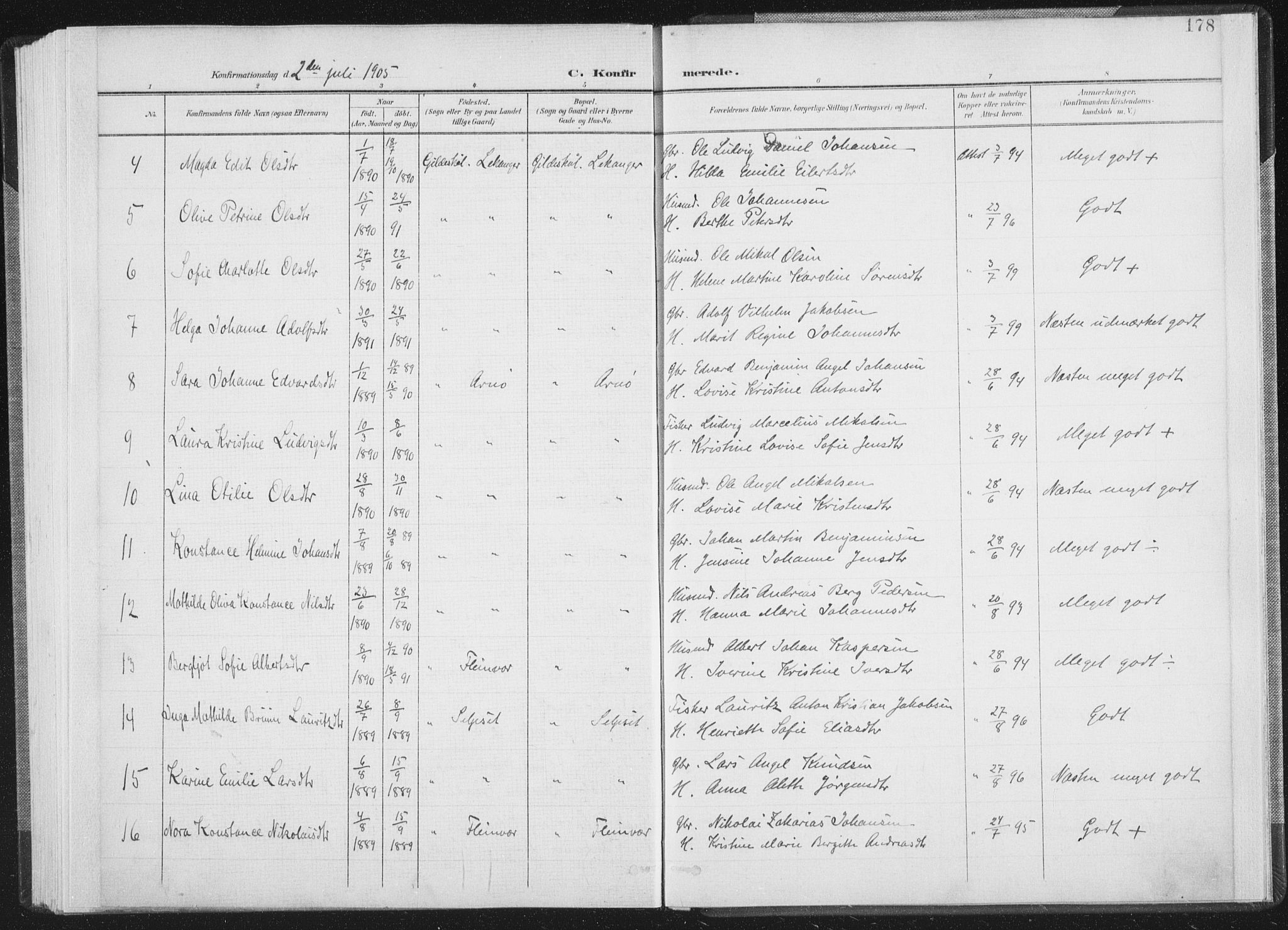 Ministerialprotokoller, klokkerbøker og fødselsregistre - Nordland, AV/SAT-A-1459/805/L0102: Ministerialbok nr. 805A08I, 1900-1909, s. 178