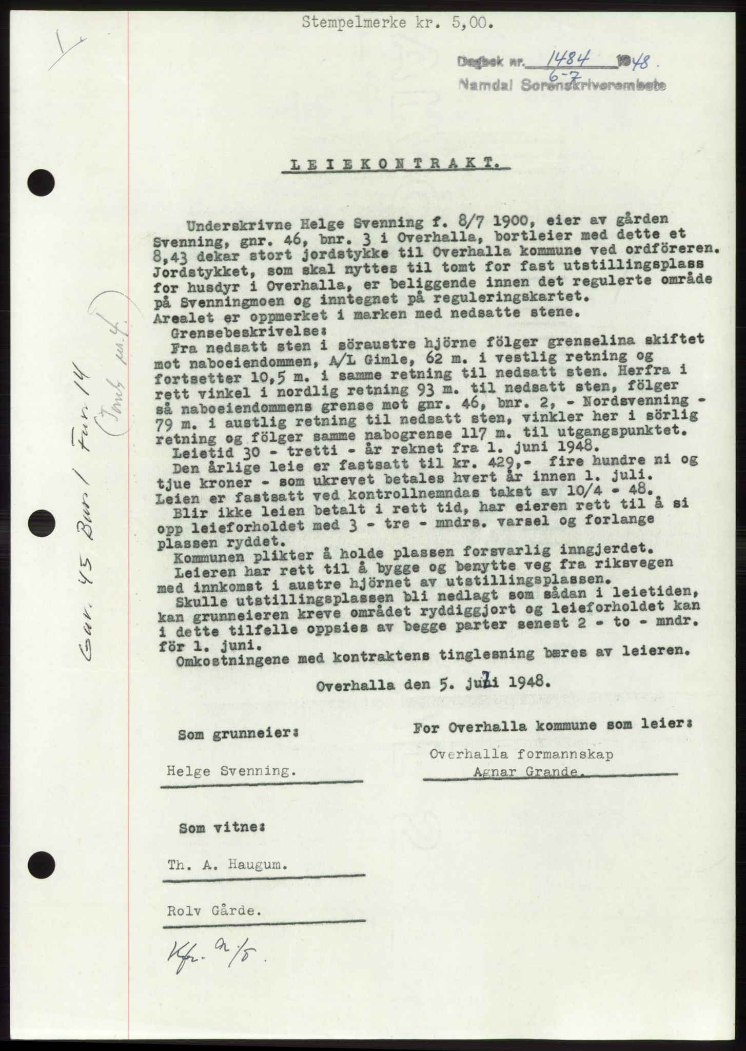 Namdal sorenskriveri, SAT/A-4133/1/2/2C: Pantebok nr. -, 1948-1948, Dagboknr: 1484/1948