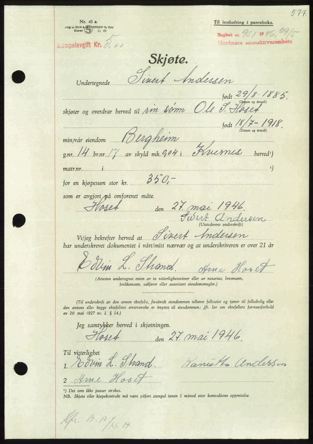 Nordmøre sorenskriveri, AV/SAT-A-4132/1/2/2Ca: Pantebok nr. A101, 1946-1946, Dagboknr: 951/1946