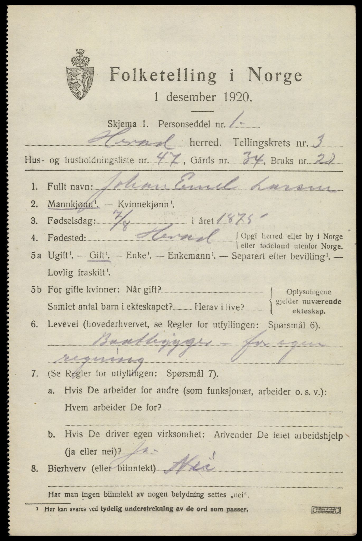 SAK, Folketelling 1920 for 1039 Herad herred, 1920, s. 1688