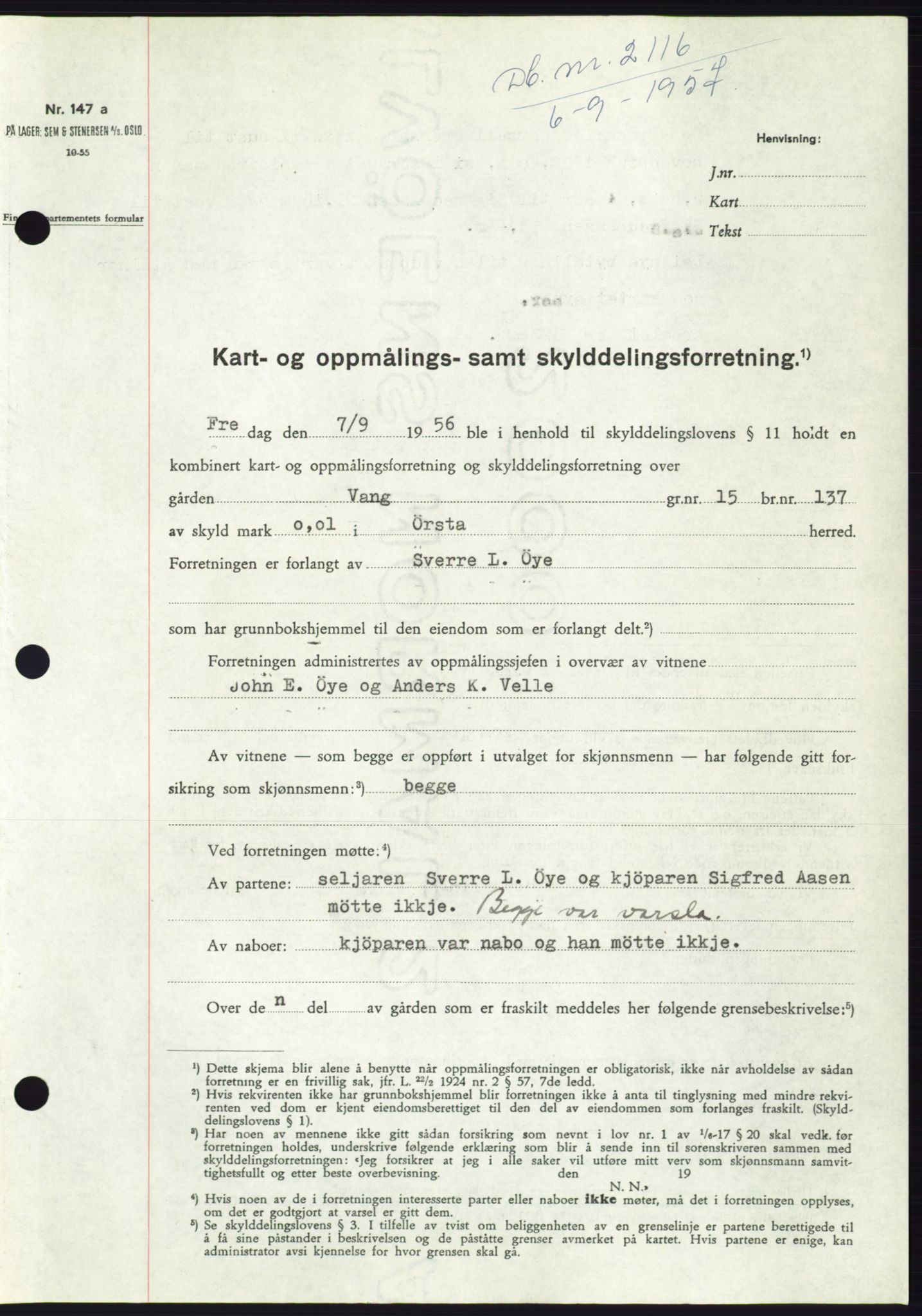Søre Sunnmøre sorenskriveri, SAT/A-4122/1/2/2C/L0107: Pantebok nr. 33A, 1957-1957, Dagboknr: 2116/1957