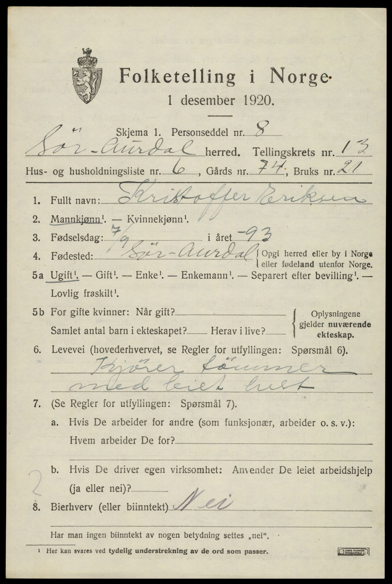 SAH, Folketelling 1920 for 0540 Sør-Aurdal herred, 1920, s. 7743