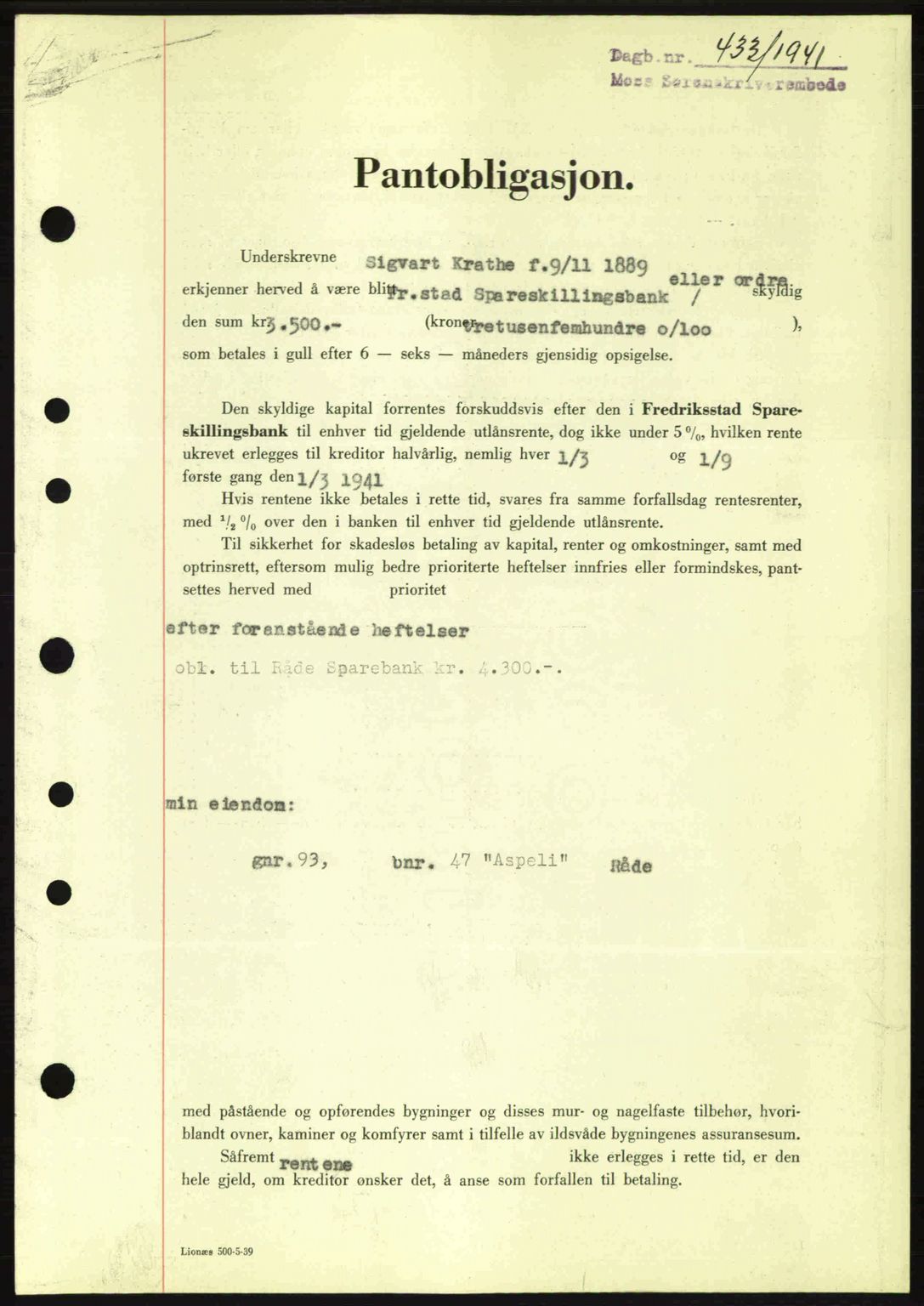 Moss sorenskriveri, SAO/A-10168: Pantebok nr. B10, 1940-1941, Dagboknr: 433/1941