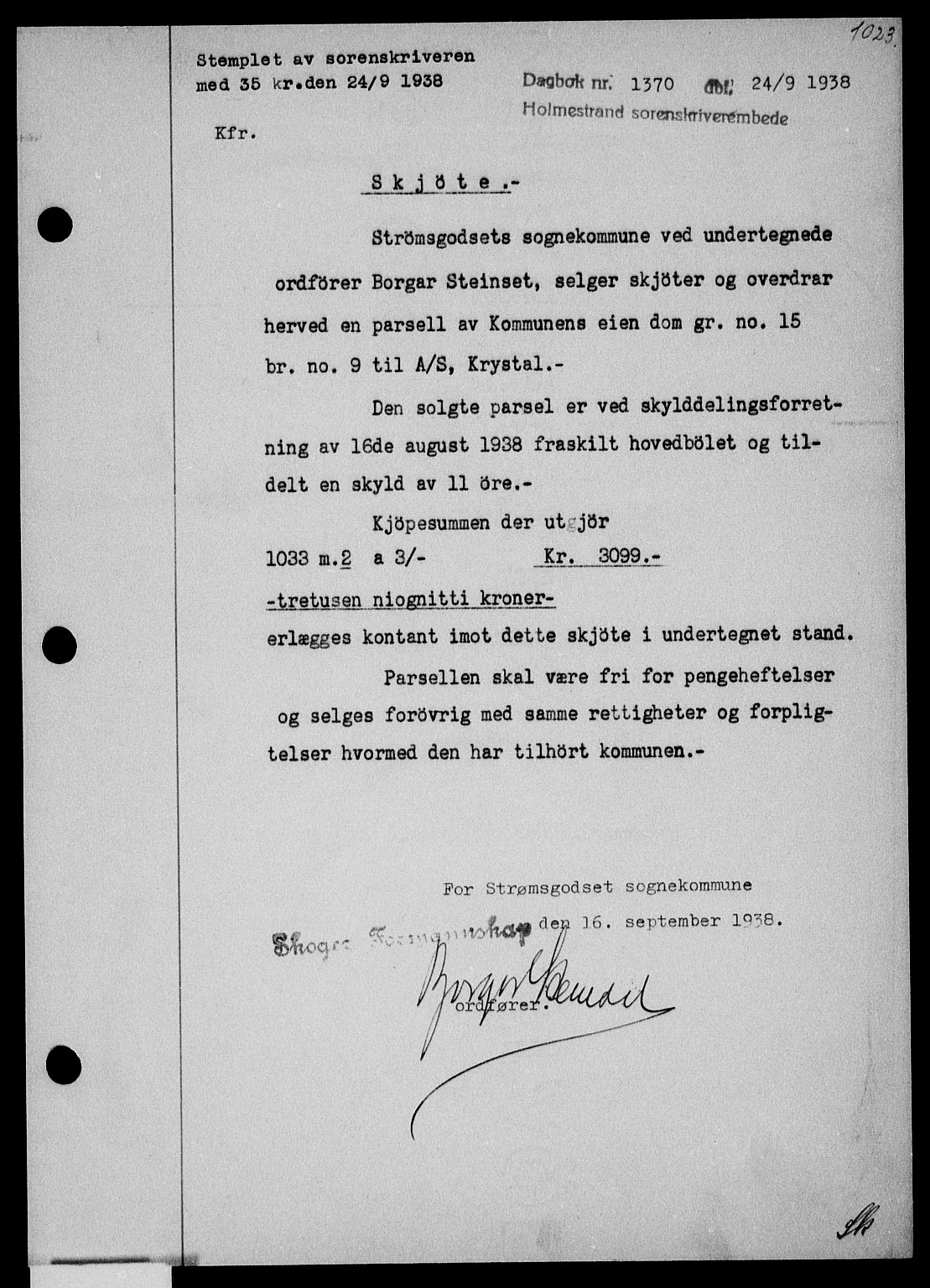 Holmestrand sorenskriveri, SAKO/A-67/G/Ga/Gaa/L0049: Pantebok nr. A-49, 1937-1938, Dagboknr: 1370/1938