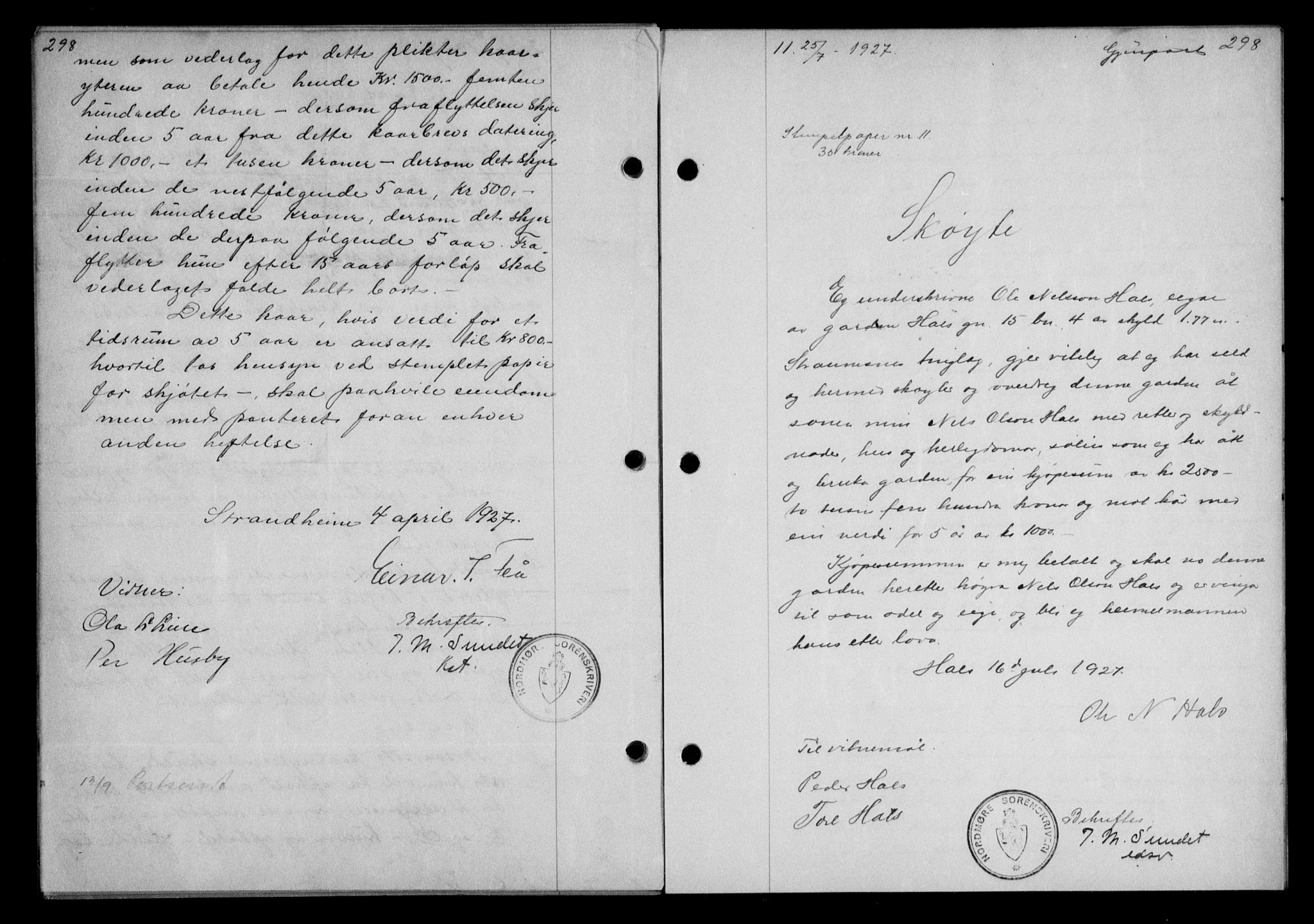Nordmøre sorenskriveri, AV/SAT-A-4132/1/2/2Ca/L0062: Pantebok nr. 52, 1927-1927, Tingl.dato: 25.07.1927
