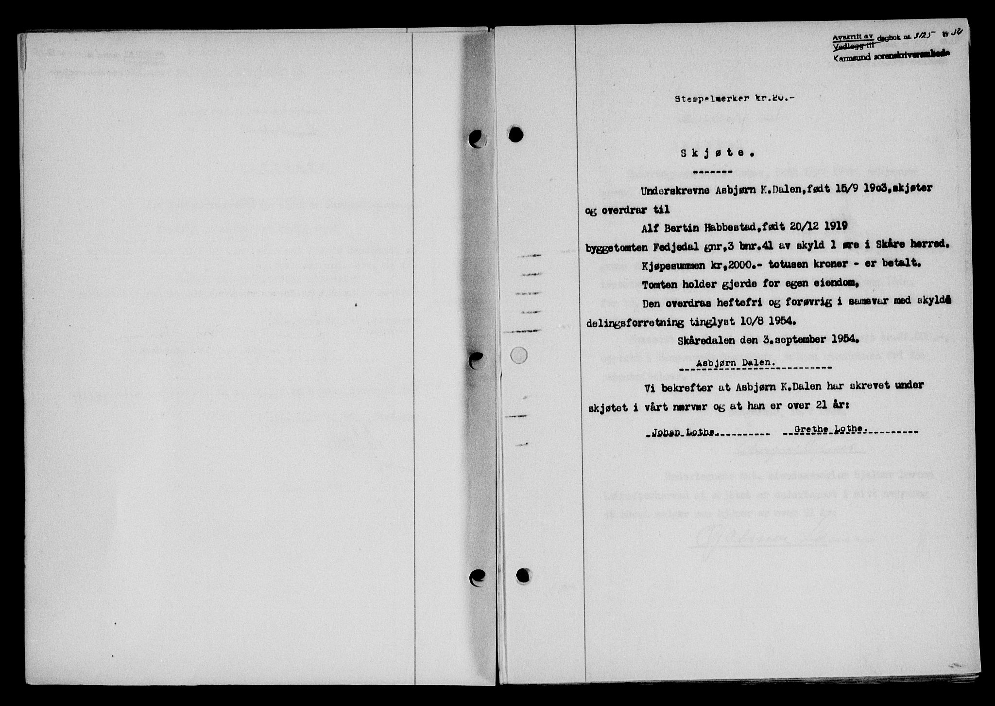 Karmsund sorenskriveri, SAST/A-100311/01/II/IIB/L0113: Pantebok nr. 93A, 1954-1954, Dagboknr: 3125/1954