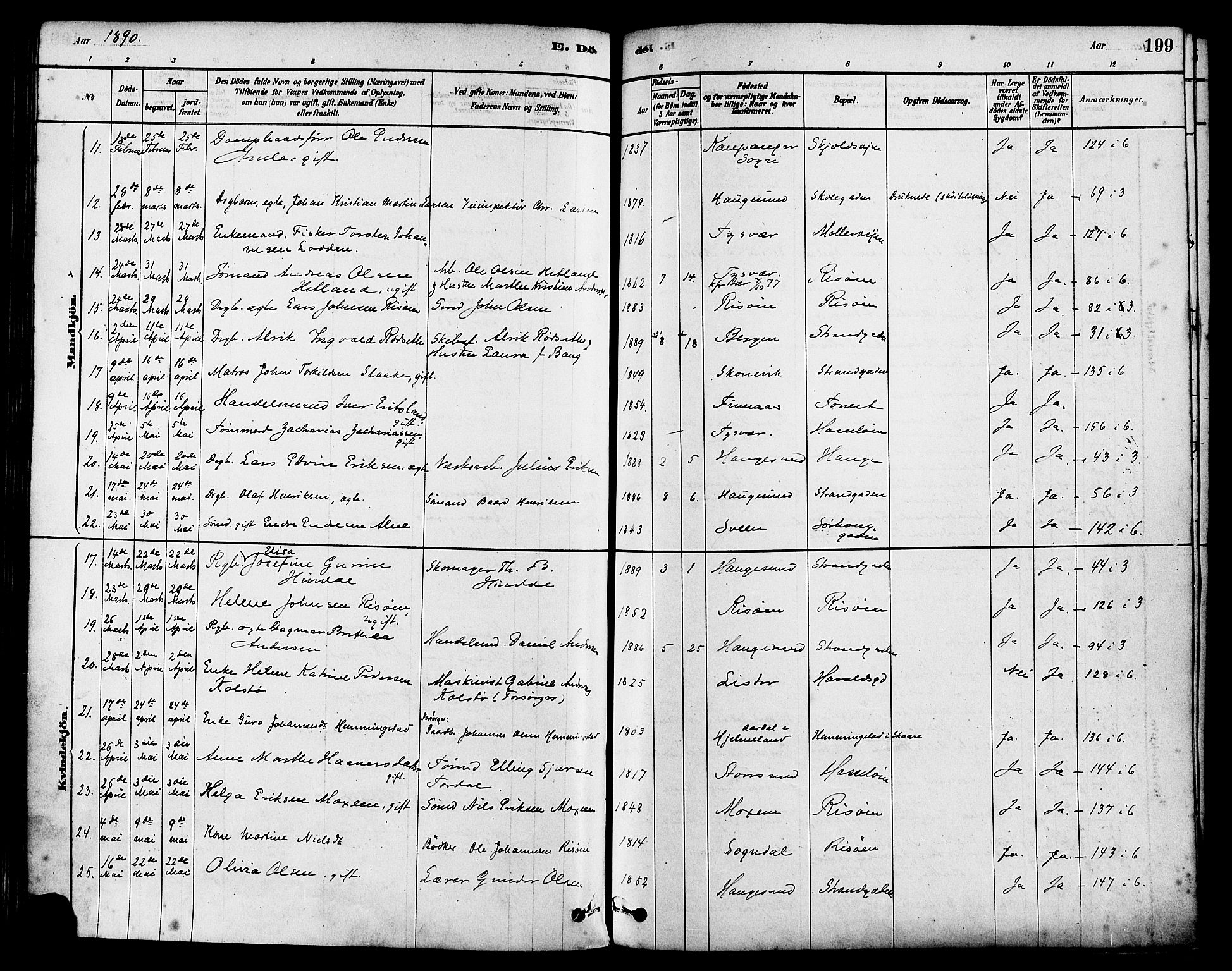 Haugesund sokneprestkontor, AV/SAST-A -101863/H/Ha/Haa/L0003: Ministerialbok nr. A 3, 1885-1890, s. 199