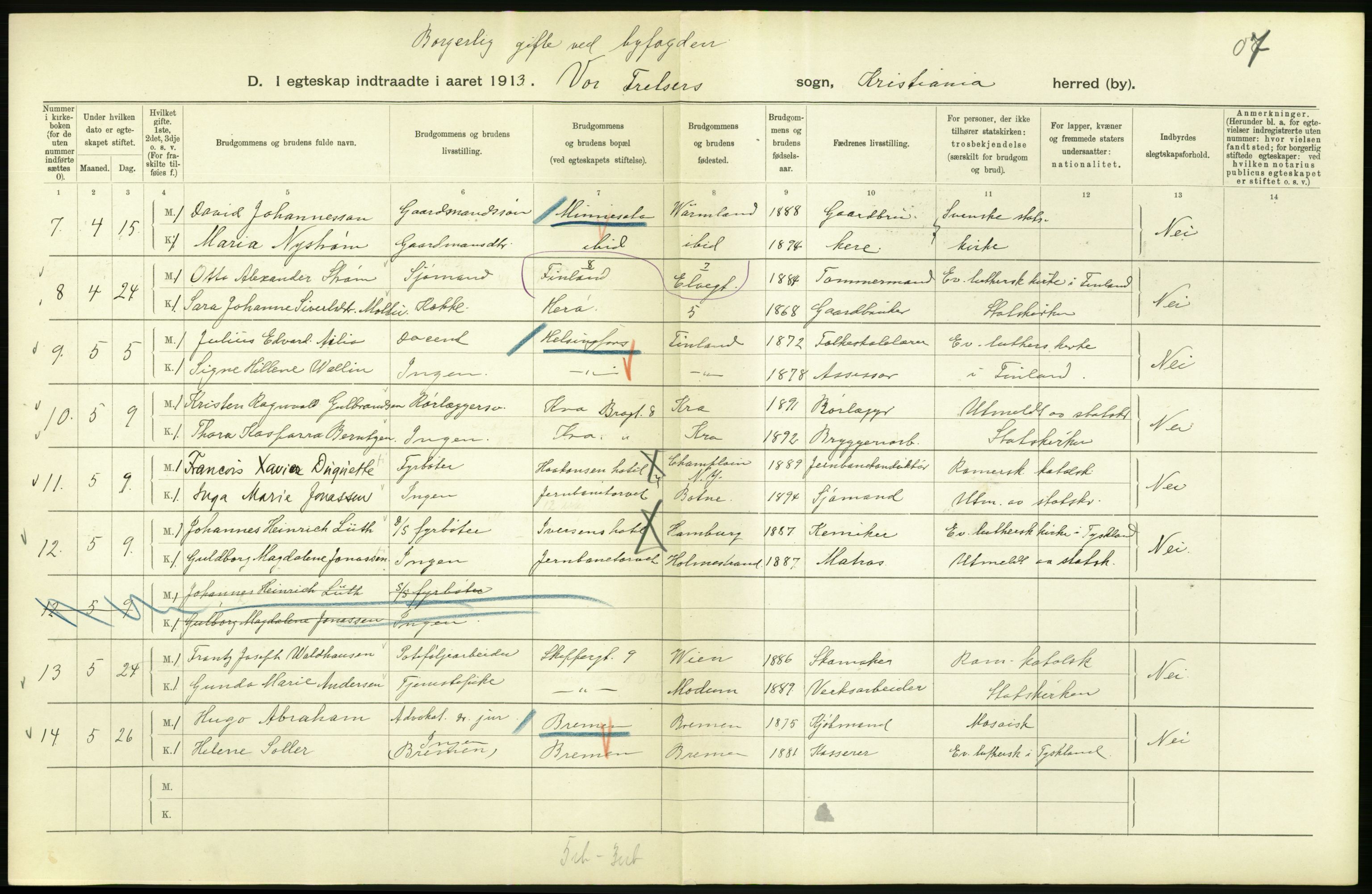 Statistisk sentralbyrå, Sosiodemografiske emner, Befolkning, AV/RA-S-2228/D/Df/Dfb/Dfbc/L0008: Kristiania: Gifte., 1913, s. 766