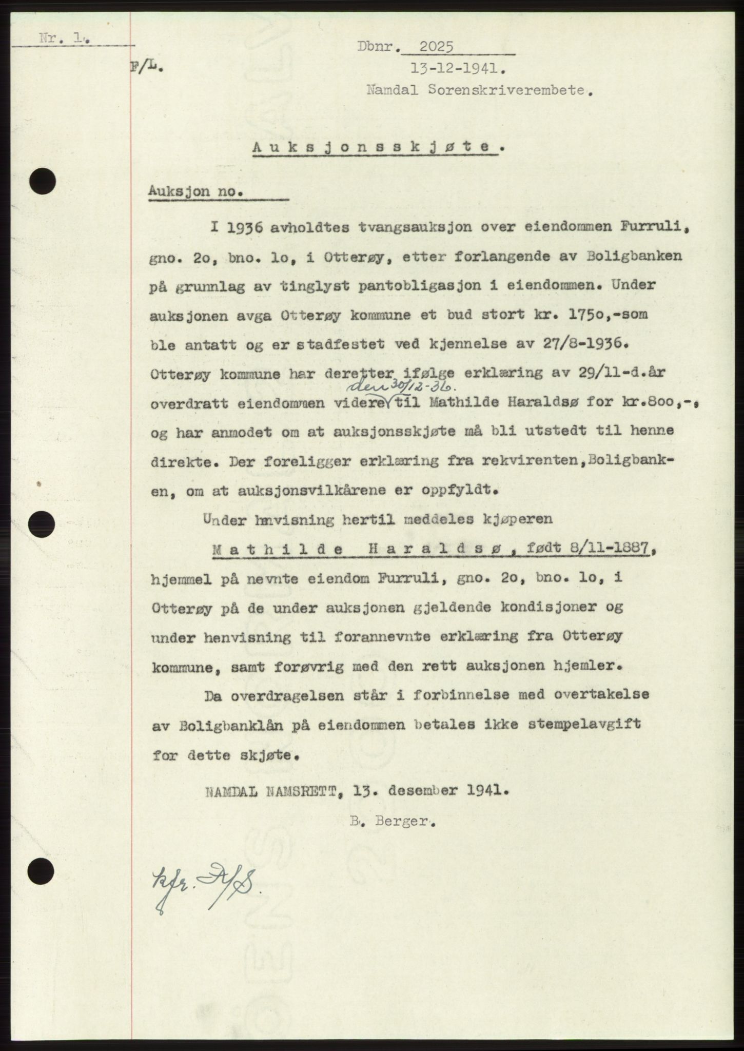 Namdal sorenskriveri, SAT/A-4133/1/2/2C: Pantebok nr. -, 1941-1942, Dagboknr: 2025/1941