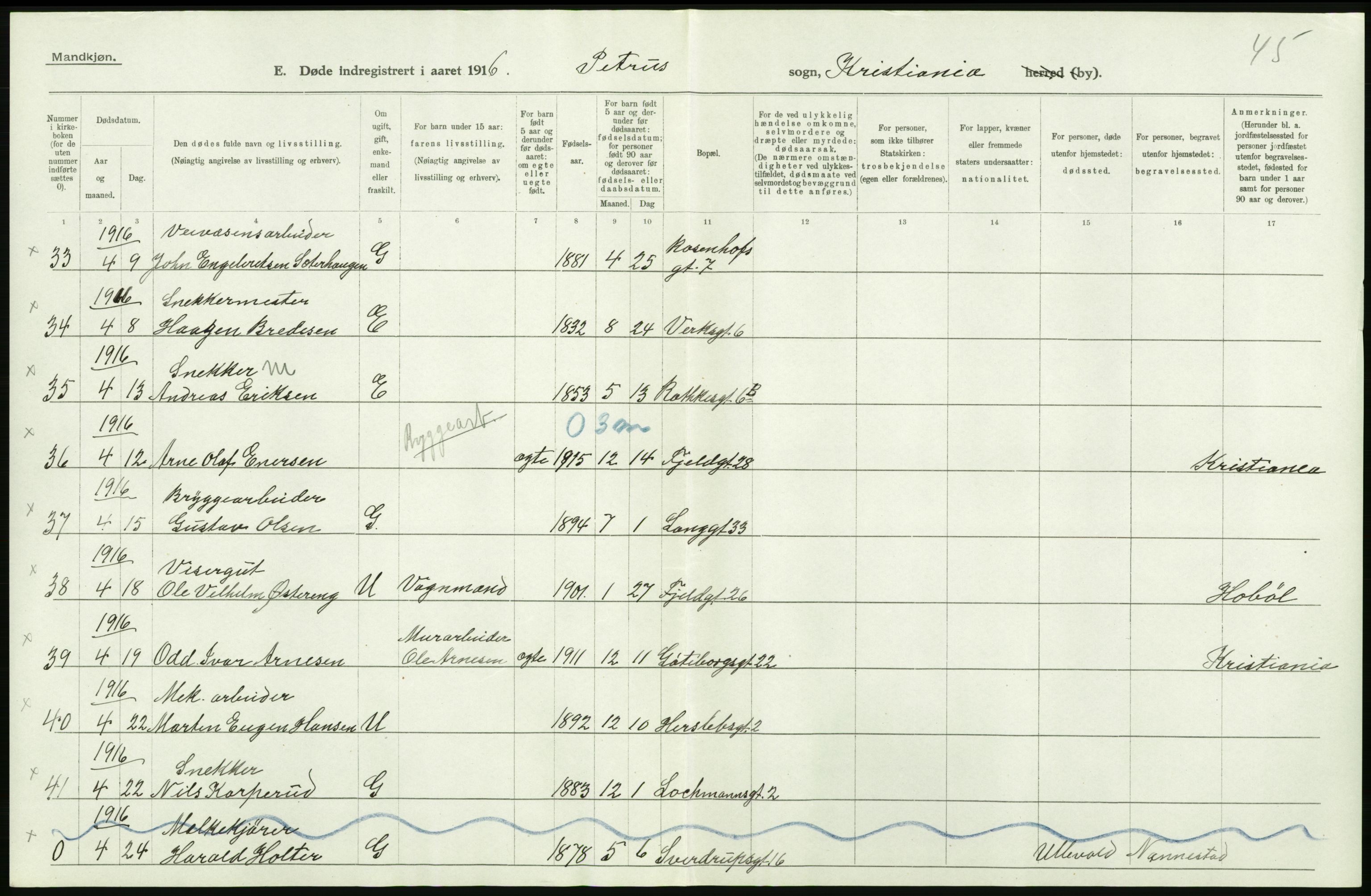 Statistisk sentralbyrå, Sosiodemografiske emner, Befolkning, AV/RA-S-2228/D/Df/Dfb/Dfbf/L0009: Kristiania: Døde., 1916, s. 84