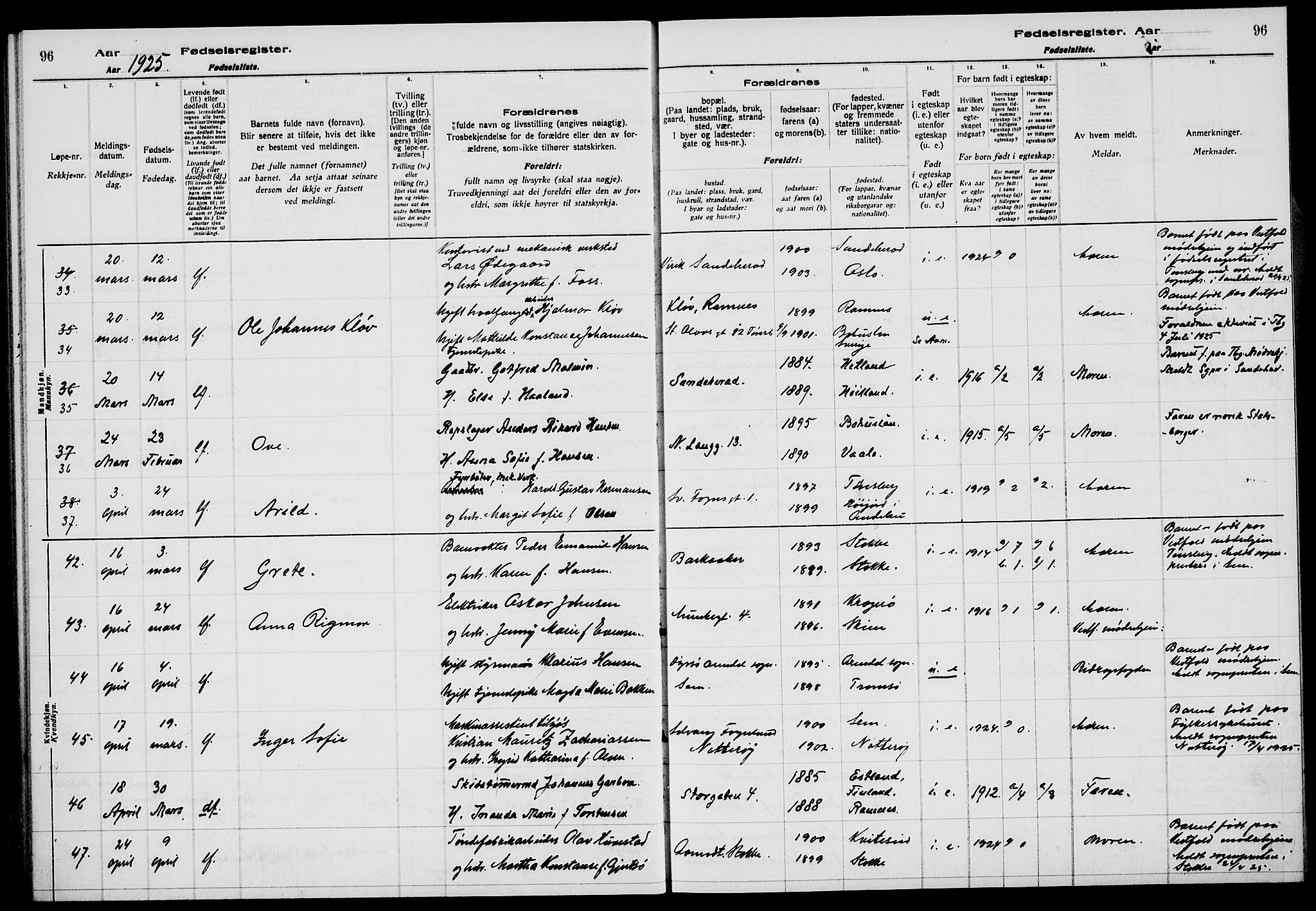 Tønsberg kirkebøker, AV/SAKO-A-330/J/Ja/L0002: Fødselsregister nr. 2, 1922-1928, s. 96