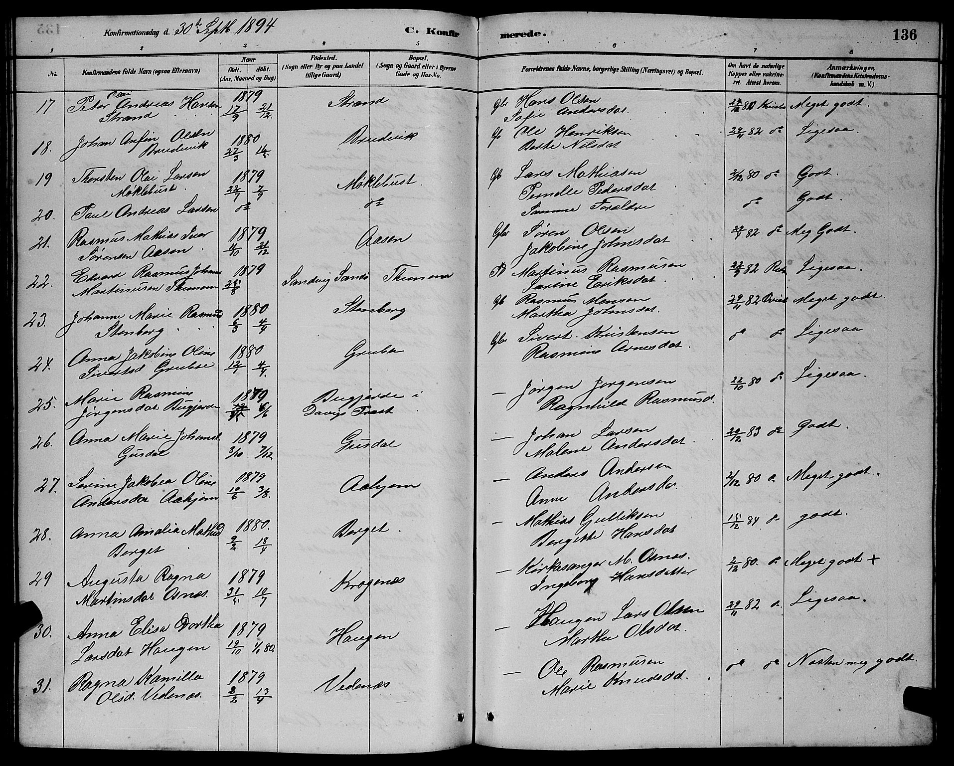 Ministerialprotokoller, klokkerbøker og fødselsregistre - Møre og Romsdal, AV/SAT-A-1454/501/L0017: Klokkerbok nr. 501C03, 1885-1901, s. 136