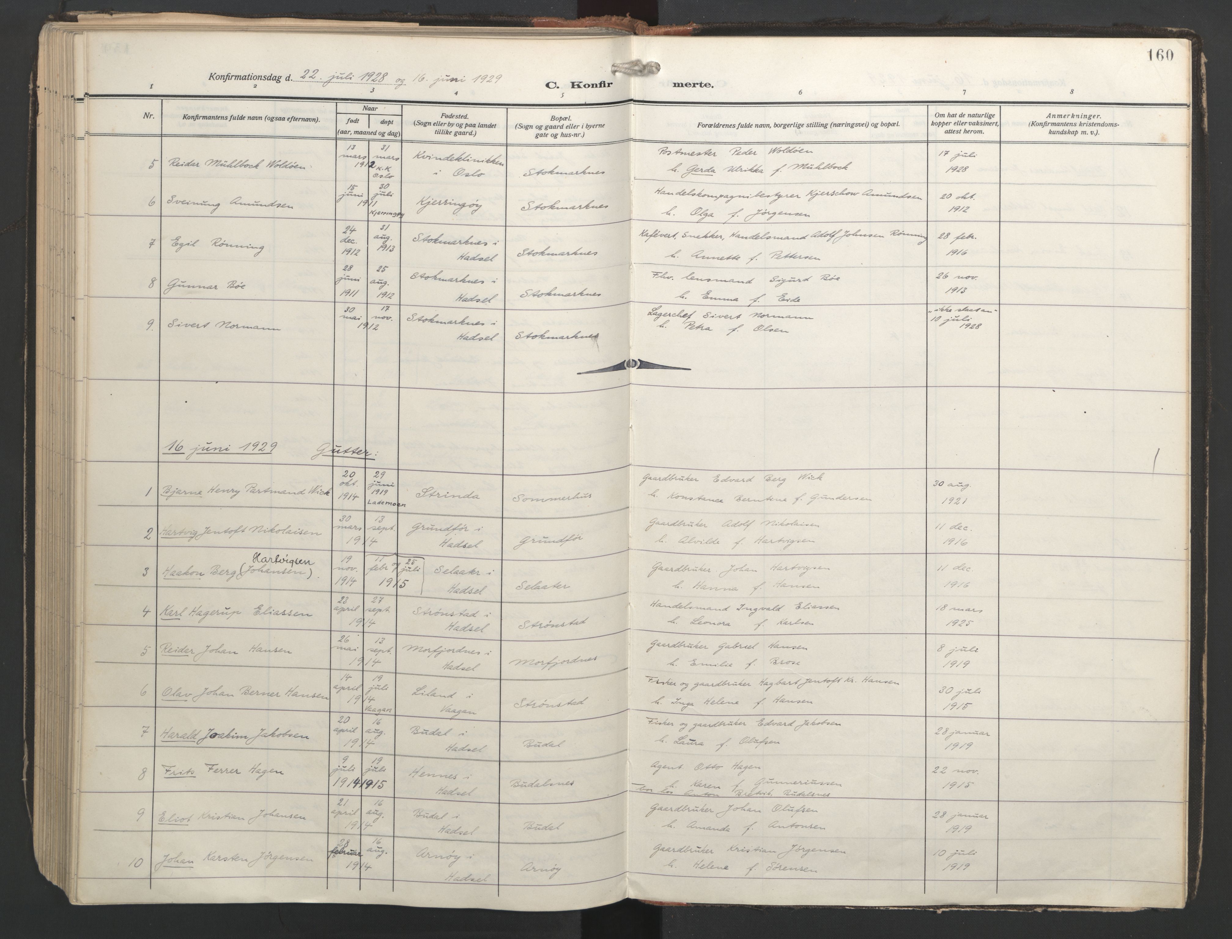 Ministerialprotokoller, klokkerbøker og fødselsregistre - Nordland, AV/SAT-A-1459/888/L1249: Ministerialbok nr. 888A15, 1911-1929, s. 160