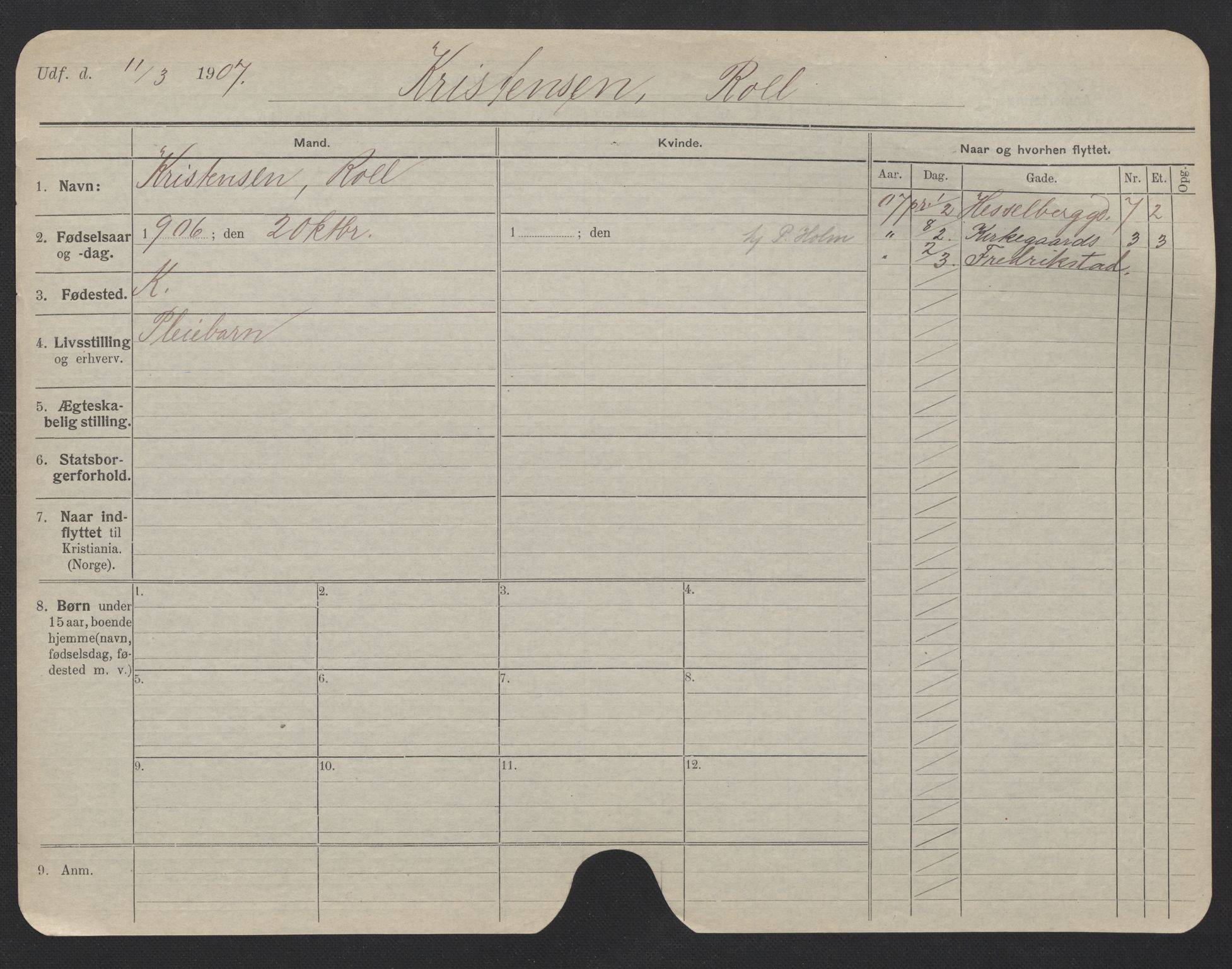 Oslo folkeregister, Registerkort, AV/SAO-A-11715/F/Fa/Fac/L0006: Menn, 1906-1914, s. 601a
