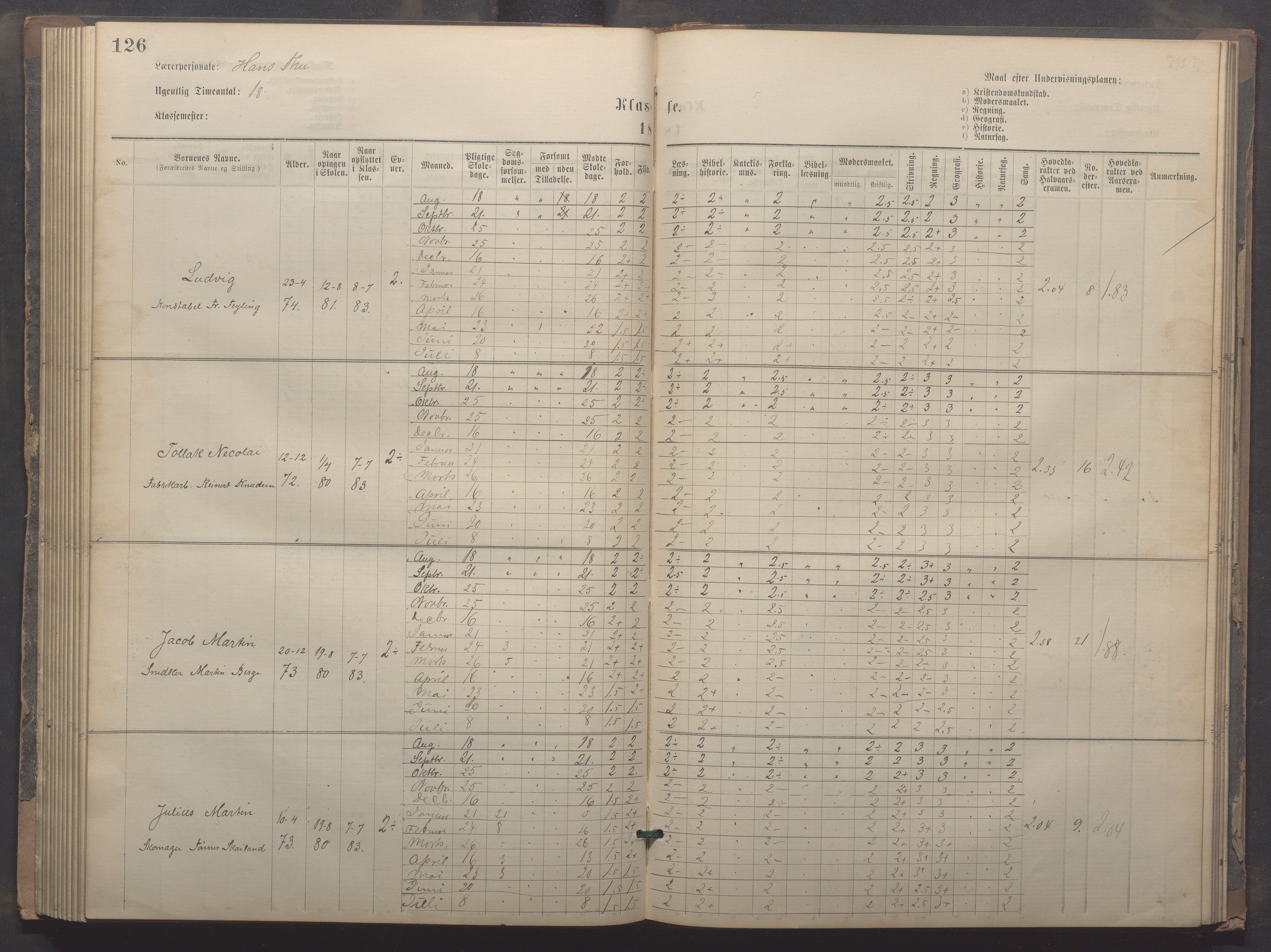 Egersund kommune (Ladested) - Egersund almueskole/folkeskole, IKAR/K-100521/H/L0020: Skoleprotokoll - Almueskolen, 3./4. klasse, 1878-1887, s. 126