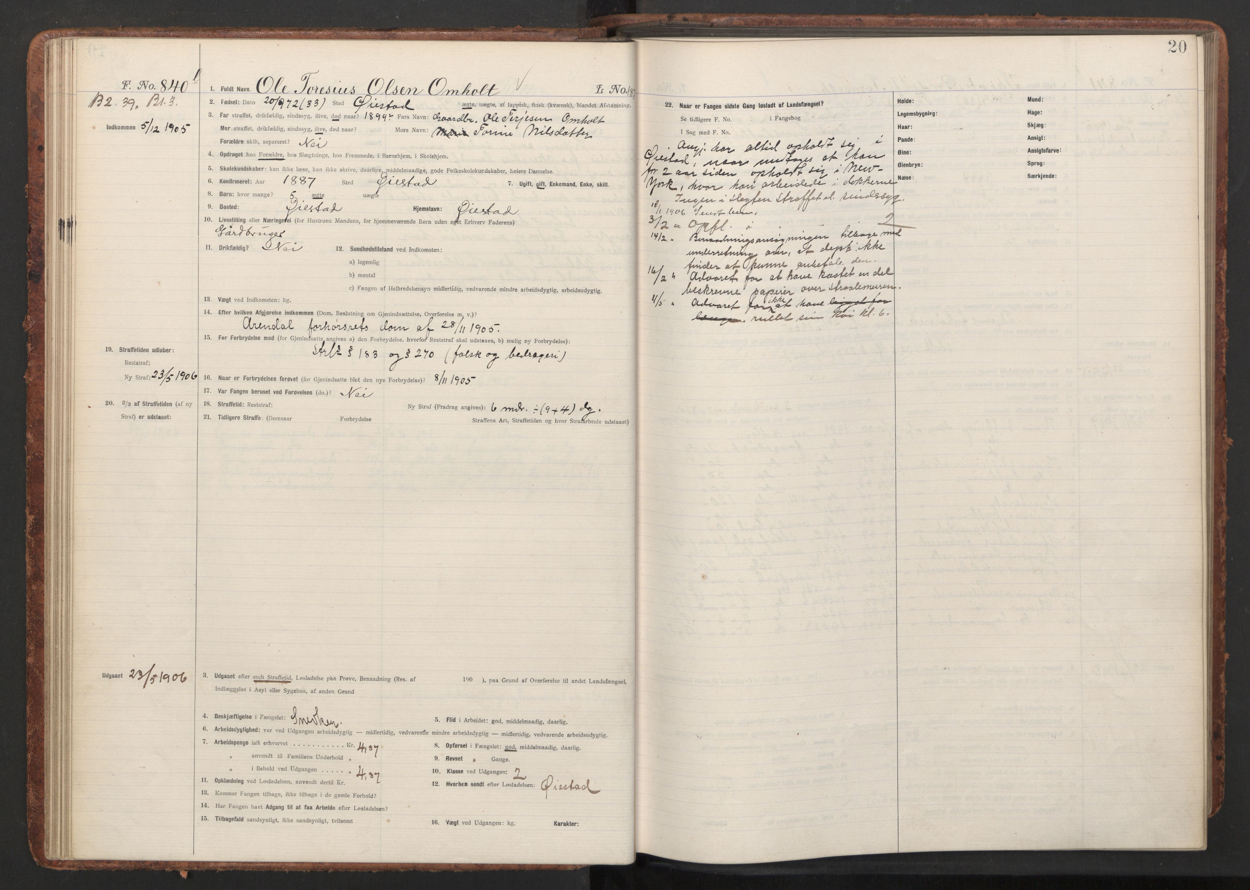 Botsfengslet, AV/RA-S-1539/D/Db/Dbb/L0040: 821l - 171m, 1905-1907, s. 20