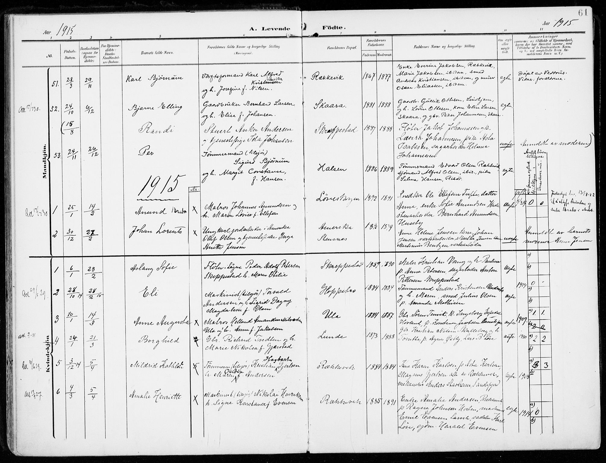 Tjølling kirkebøker, AV/SAKO-A-60/F/Fa/L0010: Ministerialbok nr. 10, 1906-1923, s. 61