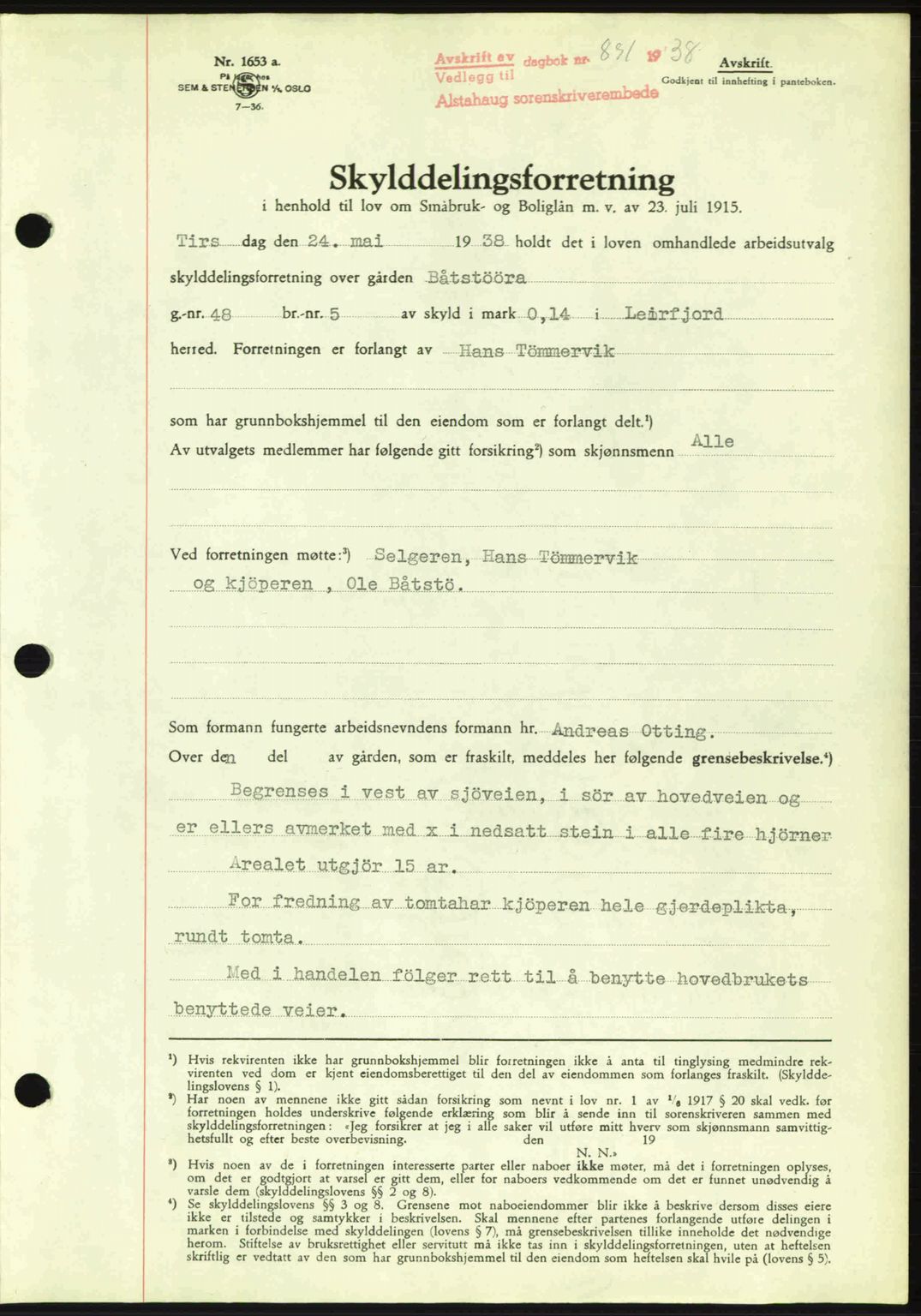 Alstahaug sorenskriveri, SAT/A-1009: Pantebok nr. A3, 1937-1938, Dagboknr: 891/1938