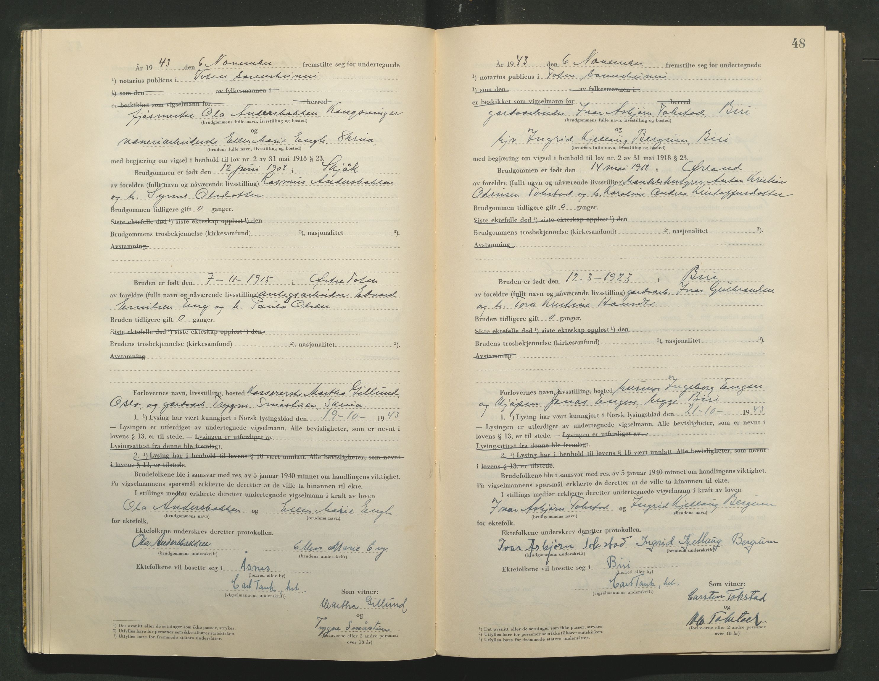 Toten tingrett, AV/SAH-TING-006/L/Lc/L0003: Vigselbok, 1943-1944, s. 48