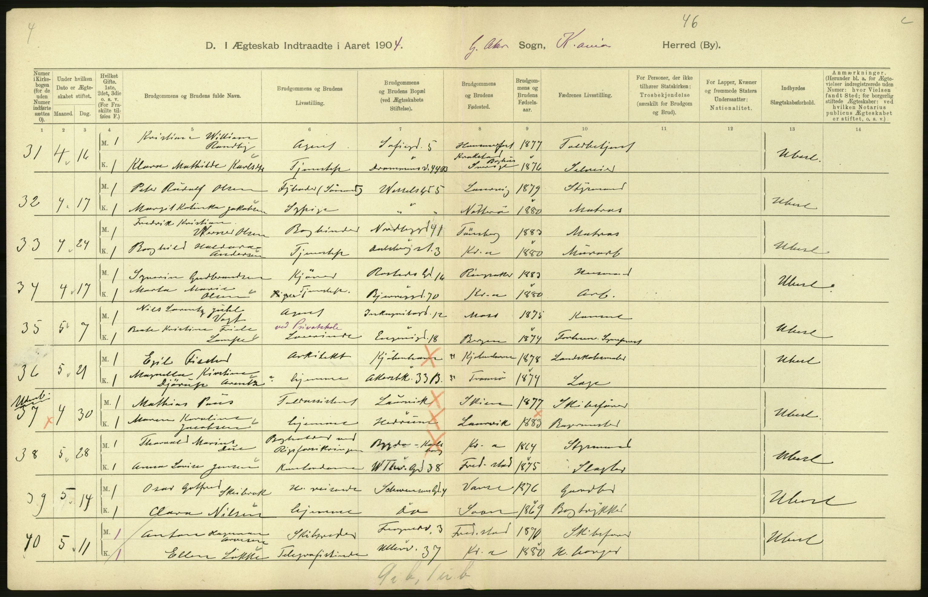 Statistisk sentralbyrå, Sosiodemografiske emner, Befolkning, RA/S-2228/D/Df/Dfa/Dfab/L0004: Kristiania: Gifte, døde, 1904, s. 250